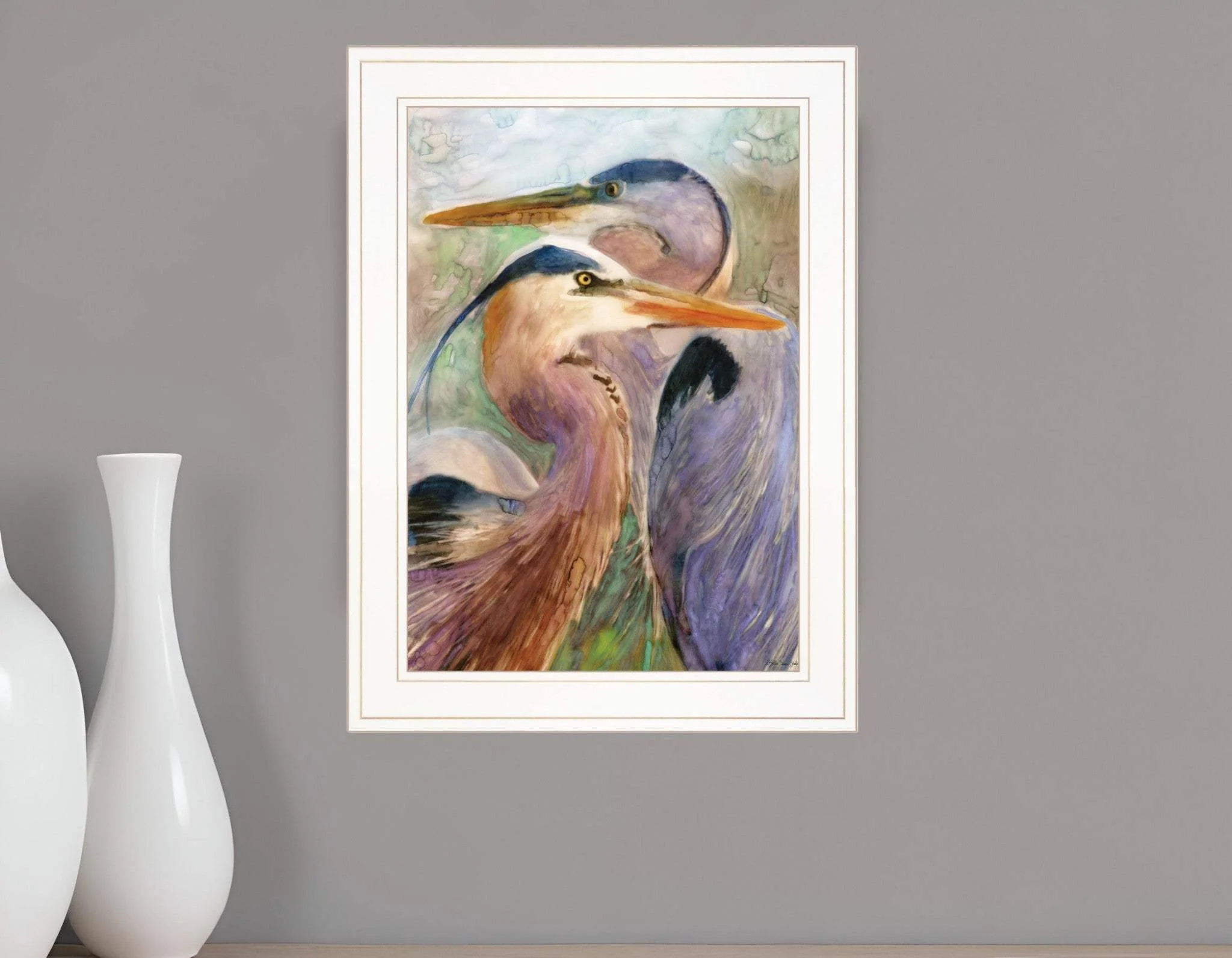 Blue Heron Duet 1 White Framed Print Wall Art