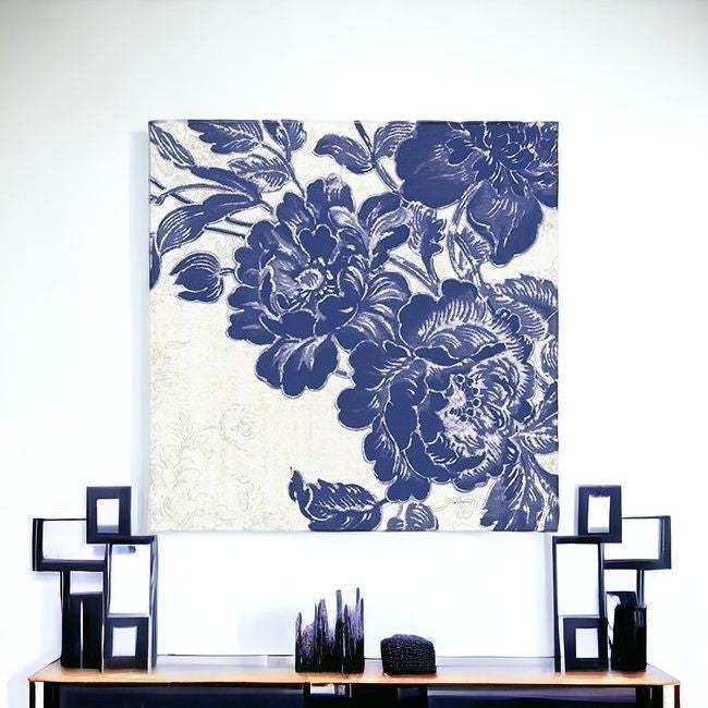 Blue Toile Rose Unframed Print Wall Art - Image 2