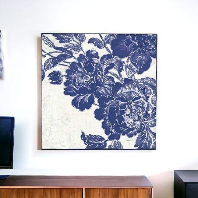 Blue Toile Rose Unframed Print Wall Art - Image 3