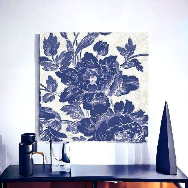Blue Toile Roses Unframed Print Wall Art - Image 2
