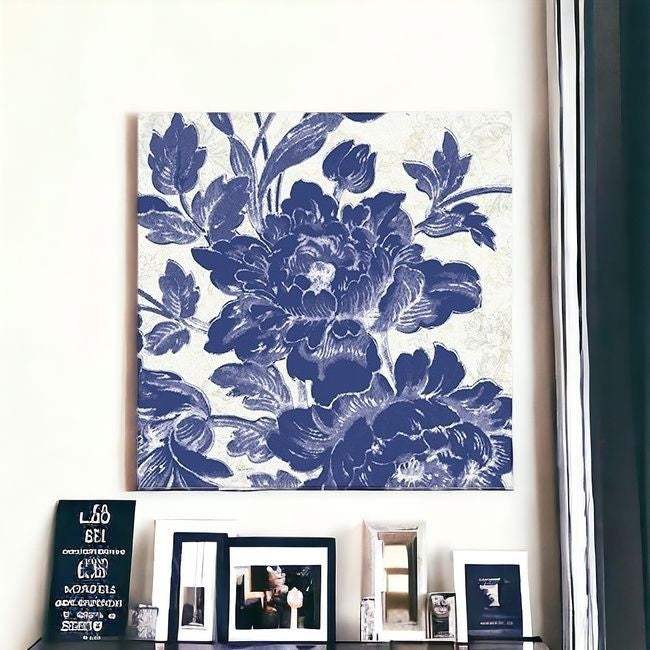 Blue Toile Roses Unframed Print Wall Art - Image 3
