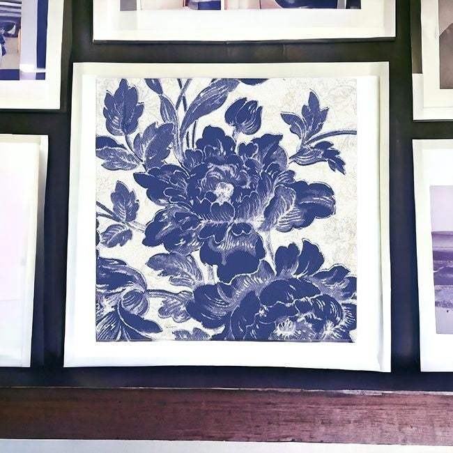 Blue Toile Roses Unframed Print Wall Art - Image 4
