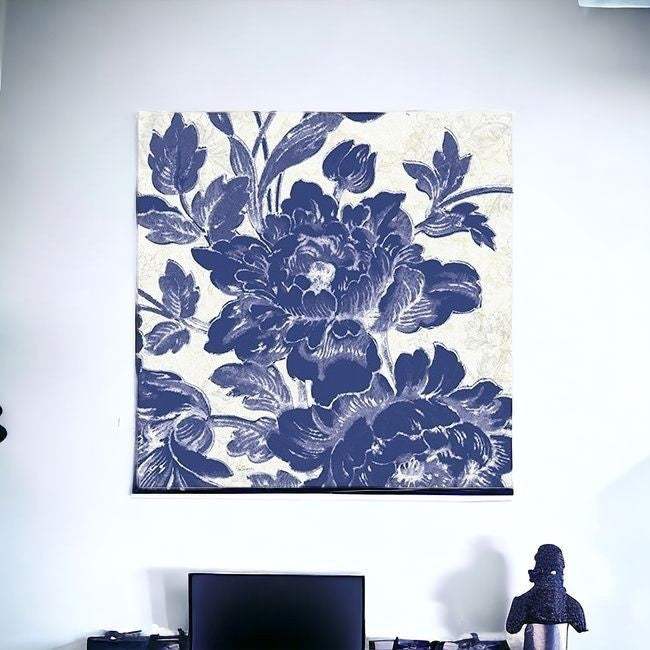 Blue Toile Roses Unframed Print Wall Art - Image 2