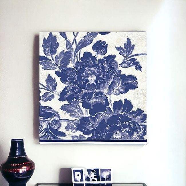Blue Toile Roses Unframed Print Wall Art - Image 3