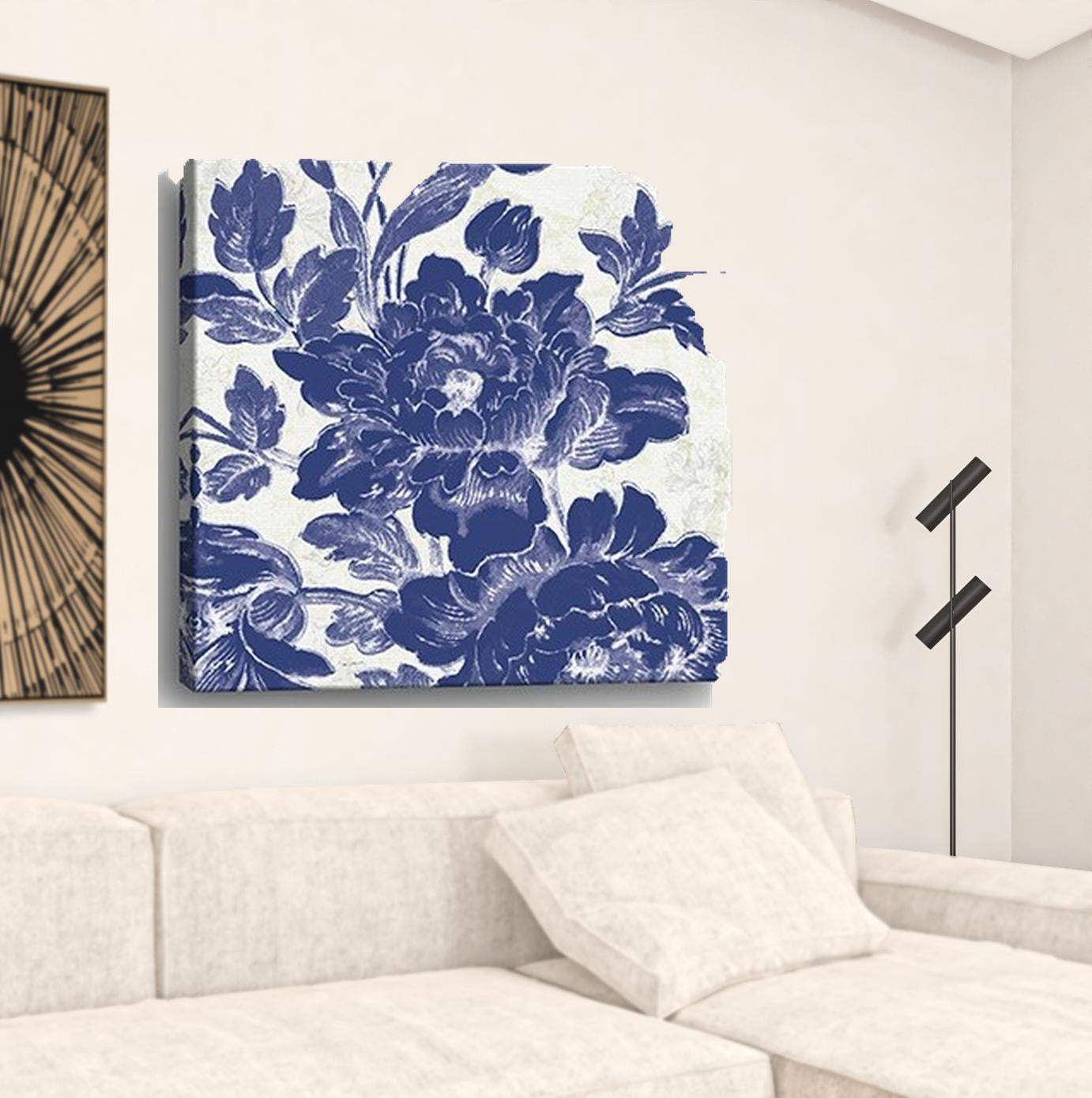Blue Toile Roses Unframed Print Wall Art - Image 5