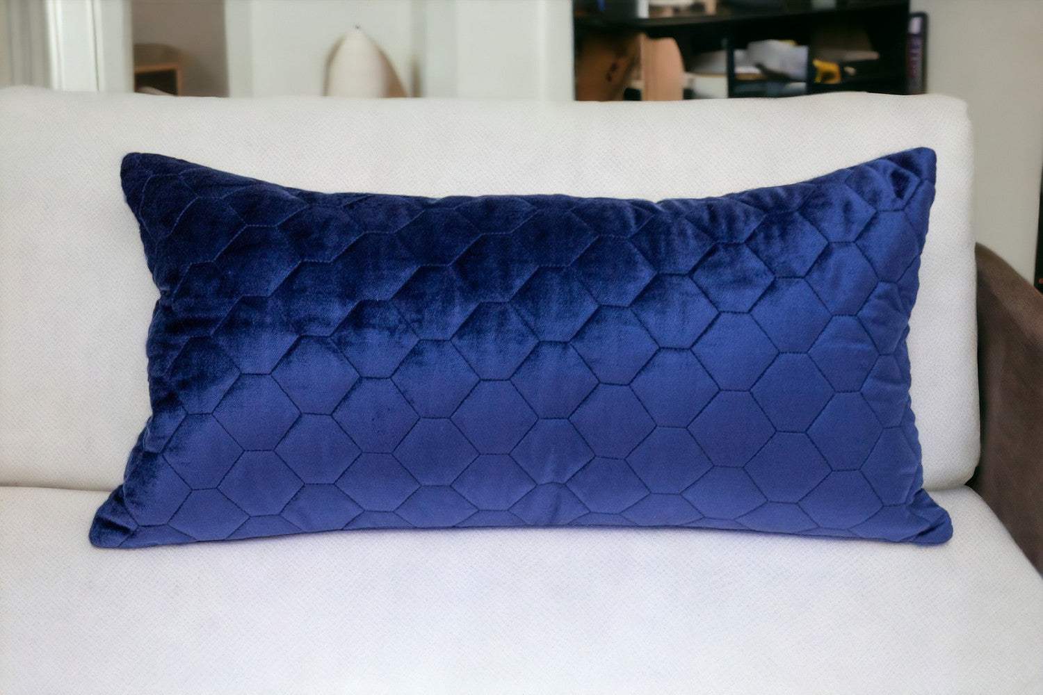 Blue Tufted Velvet Quilted Lumbar Throw Pillow - Image 2