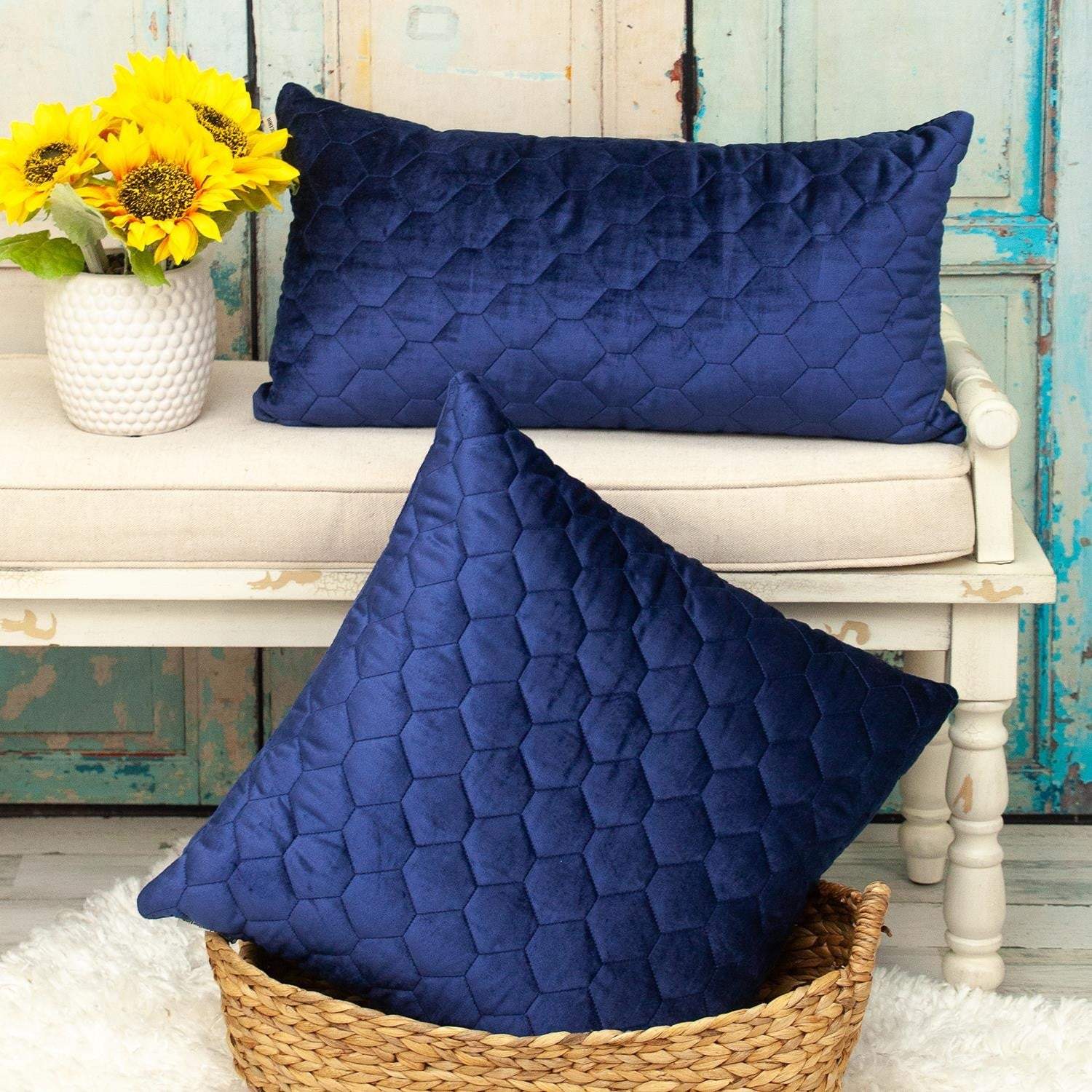 Blue Tufted Velvet Quilted Lumbar Throw Pillow - Image 7