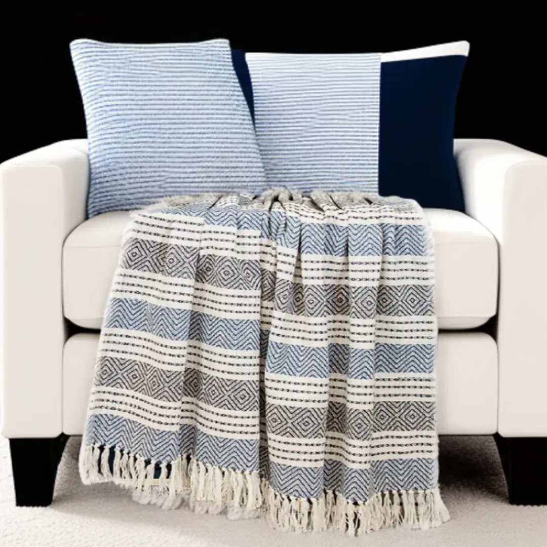 Blue Woven Cotton Striped Throw Blanket - Image 2