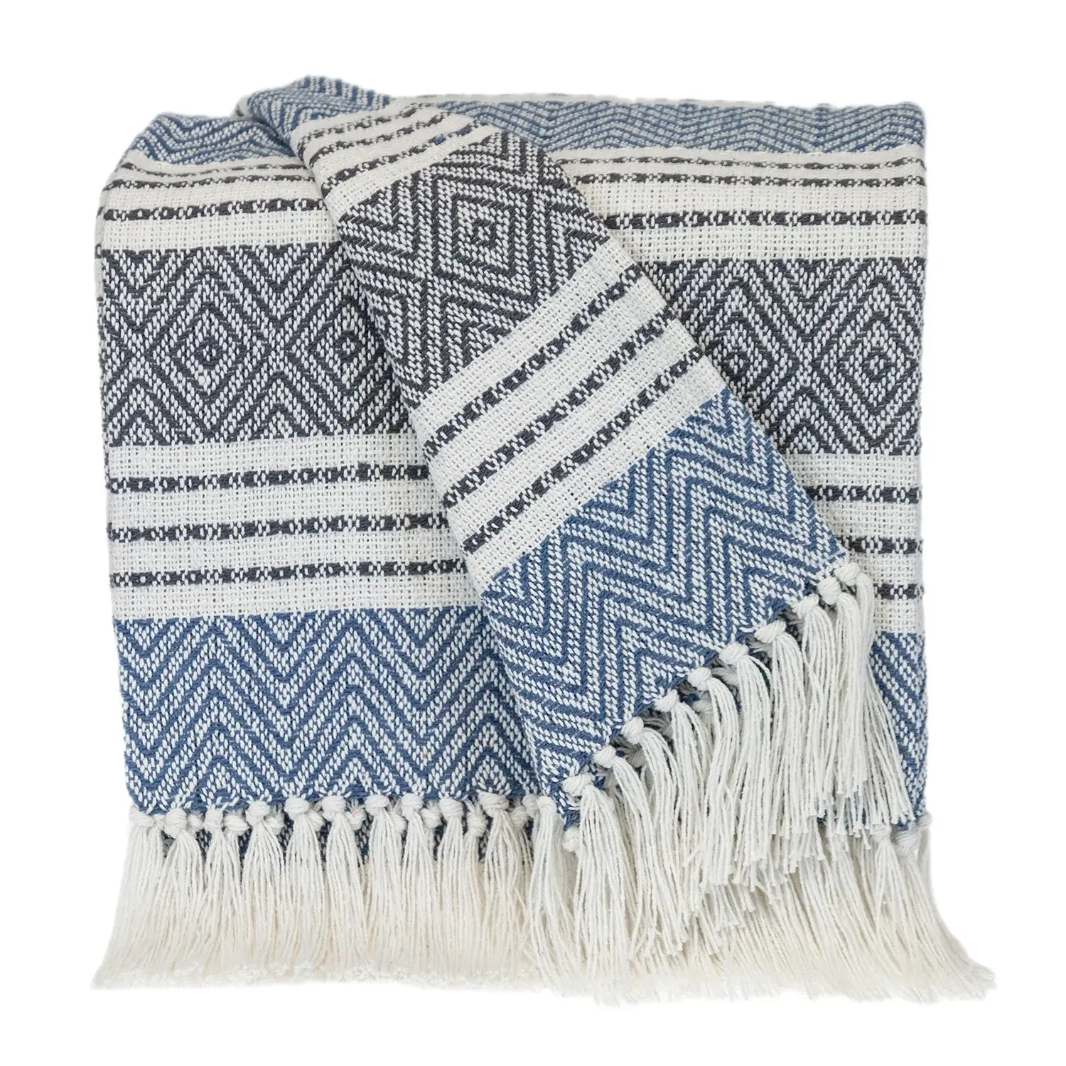 Blue Woven Cotton Striped Throw Blanket - Image 4