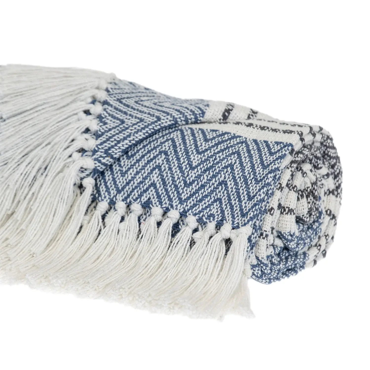 Blue Woven Cotton Striped Throw Blanket - Image 6