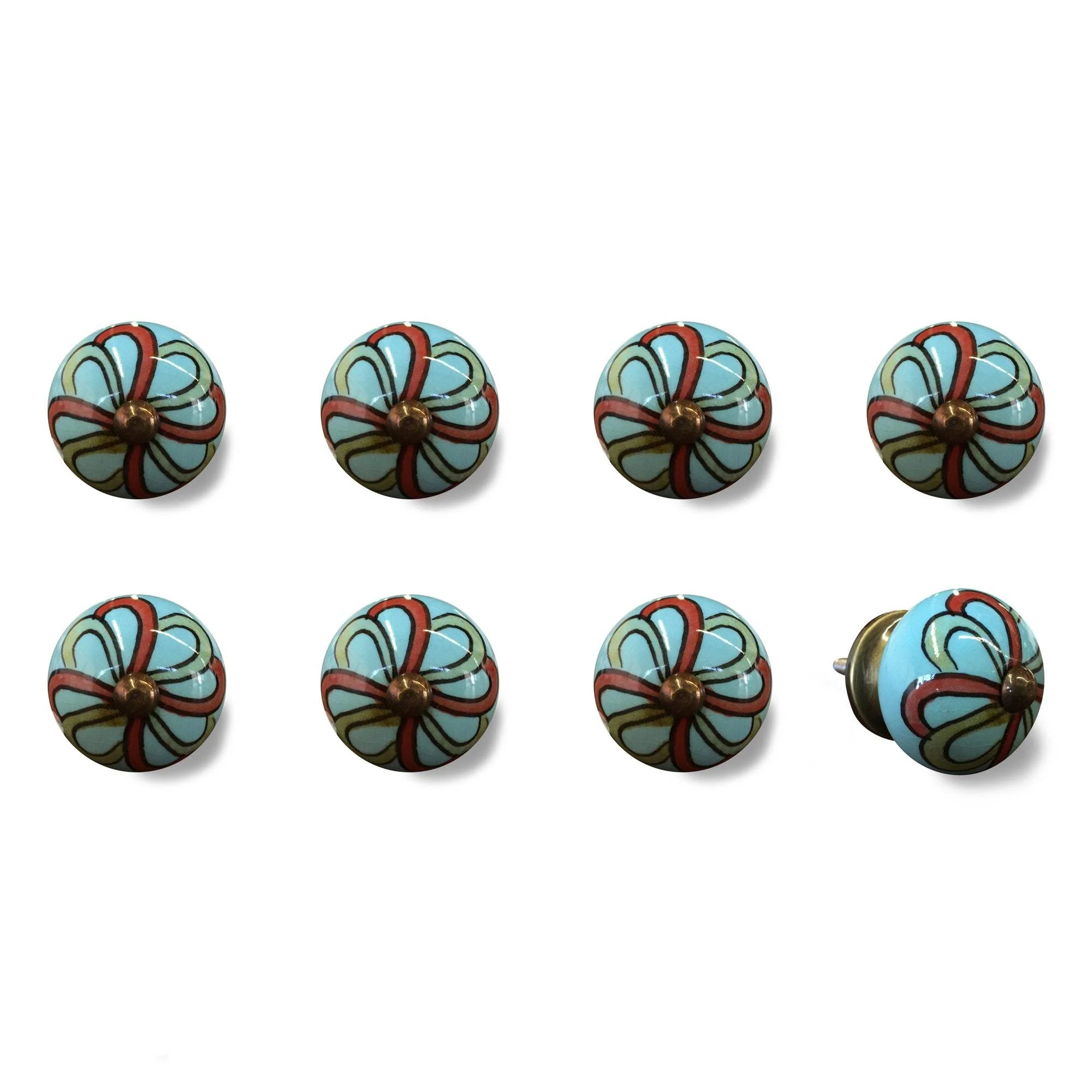 Bohemian Floral Turquoise Handprinted Set Of 8 Ceramic Knobs - Image 3