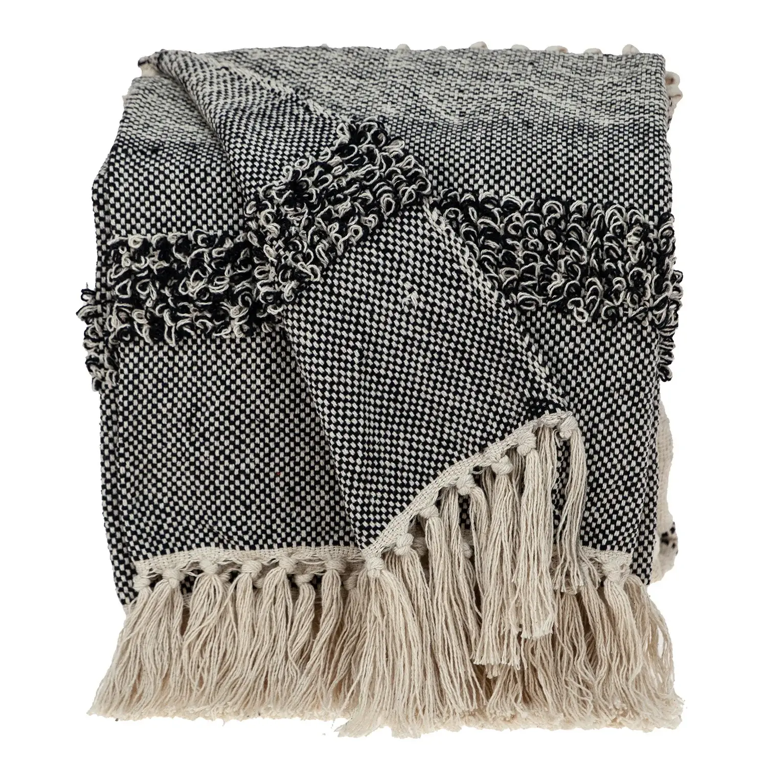 Boho Beige and Black Handloom Weave Throw with Decorative Tassels - Image 2