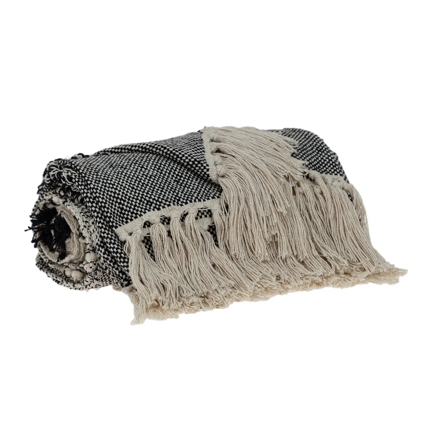 Boho Beige and Black Handloom Weave Throw with Decorative Tassels - Image 3