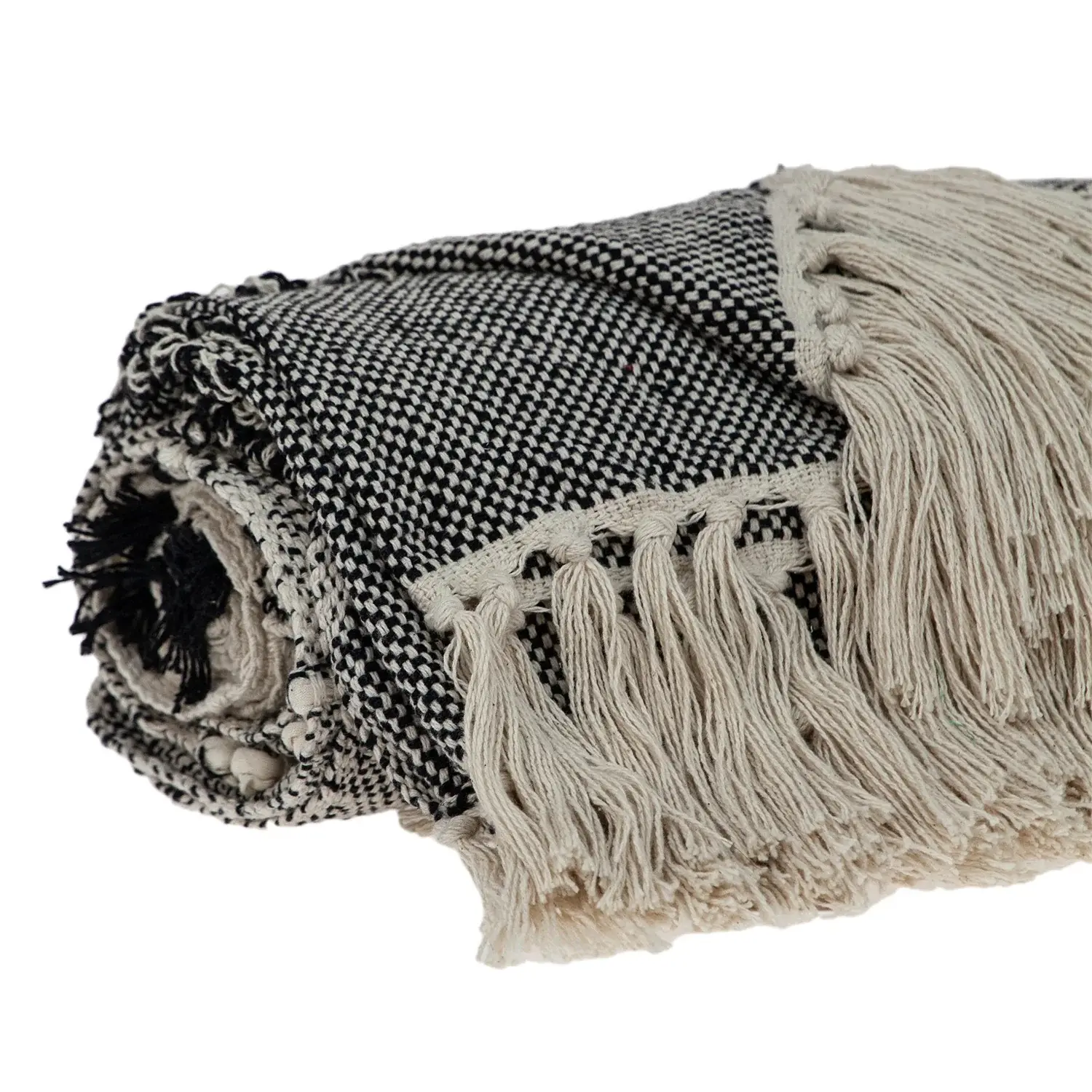 Boho Beige and Black Handloom Weave Throw with Decorative Tassels - Image 4