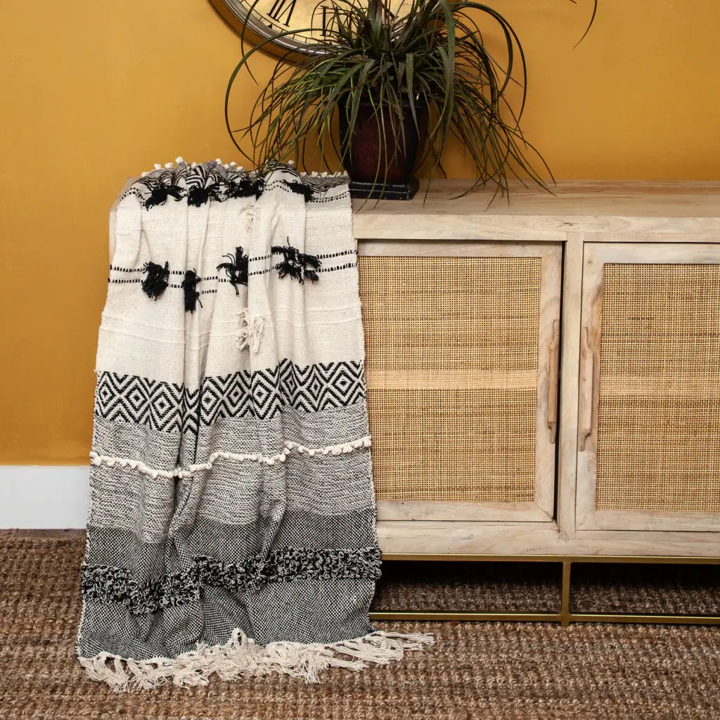 Boho Beige and Black Handloom Weave Throw with Decorative Tassels - Image 7