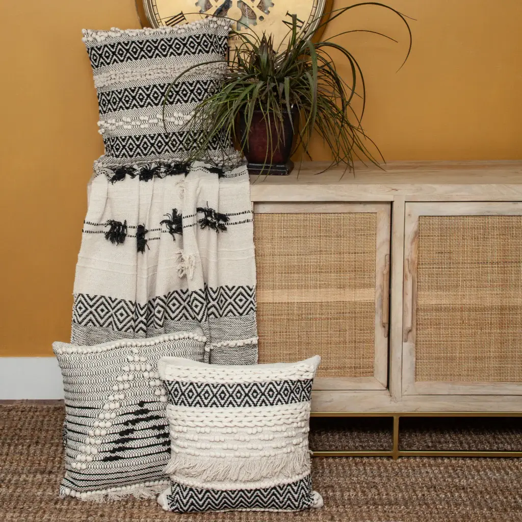 Boho Beige and Black Handloom Weave Throw with Decorative Tassels - Image 8
