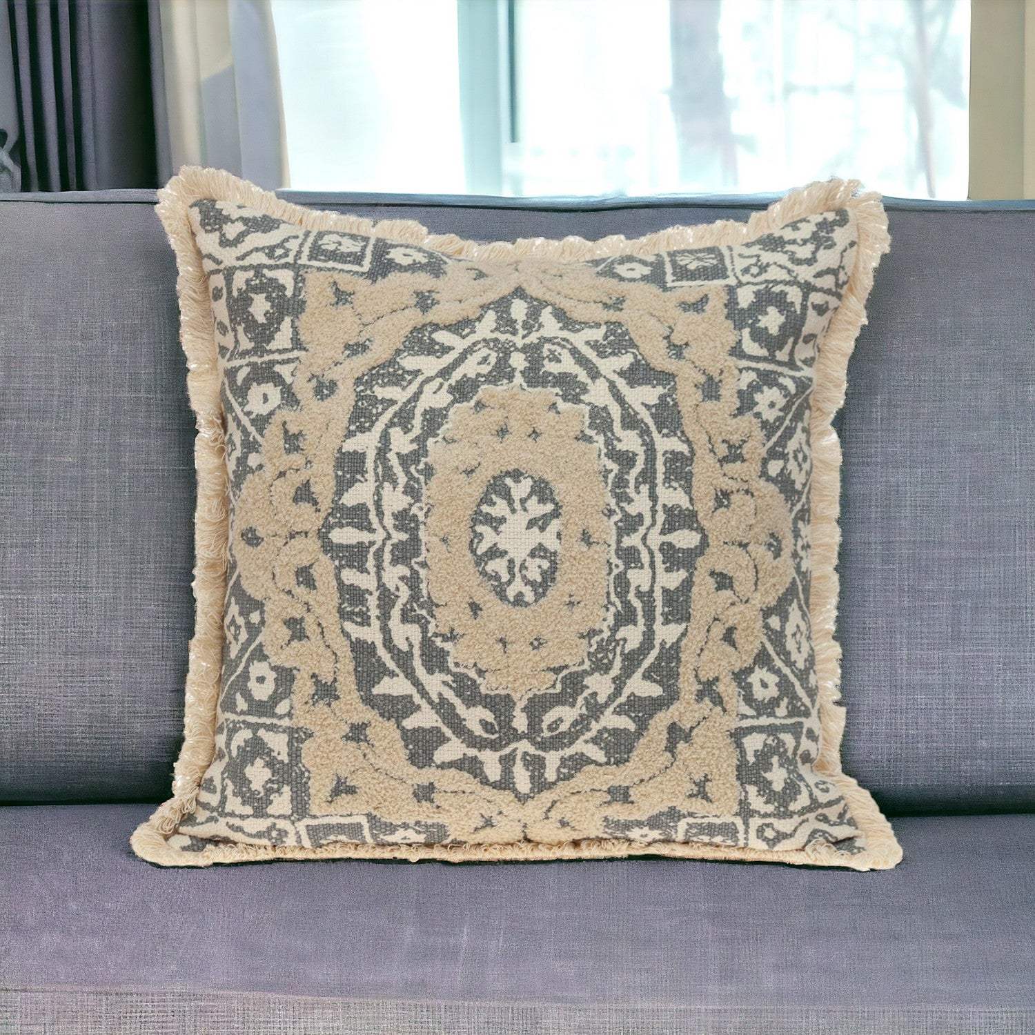 Boho Garland Beige and Gray Decorative Accent Pillow - Image 2