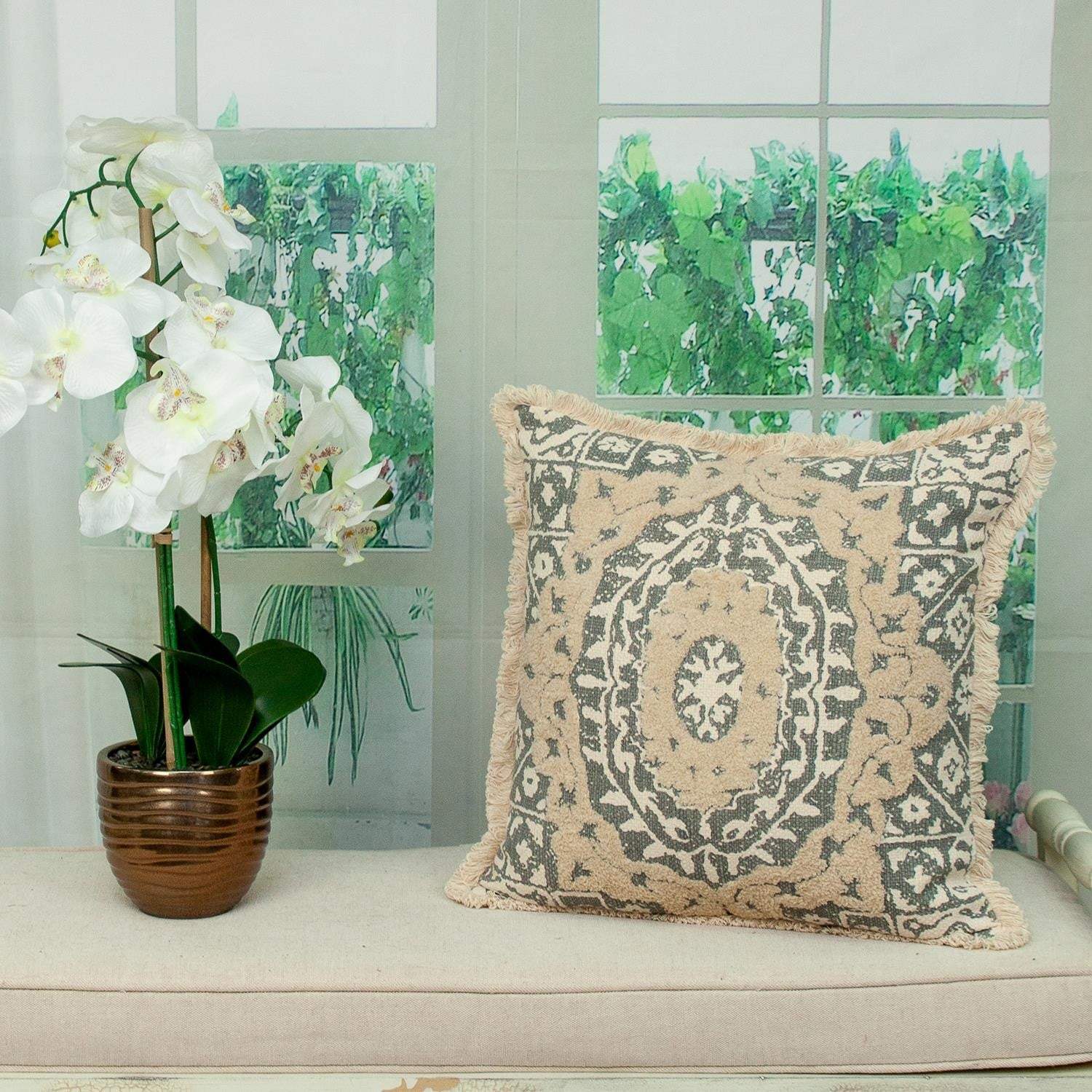 Boho Garland Beige and Gray Decorative Accent Pillow - Image 7