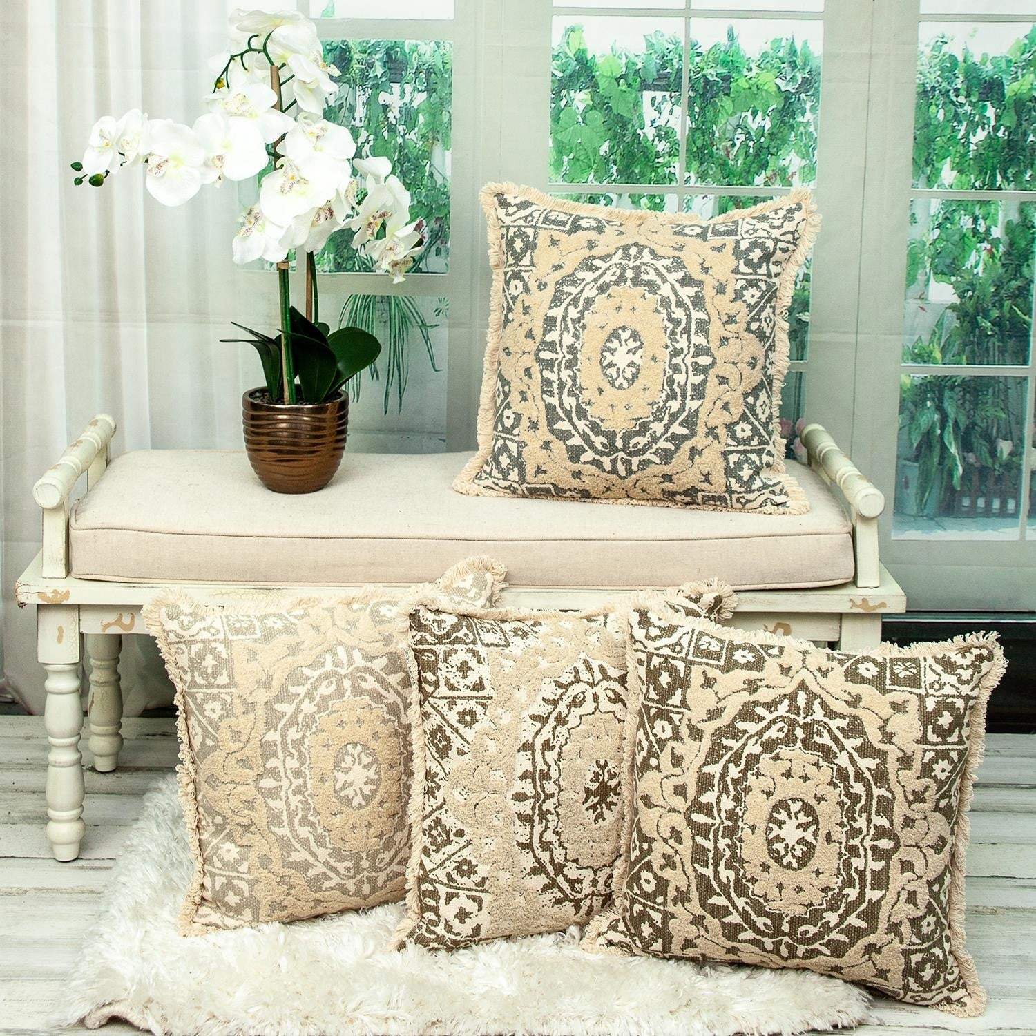 Boho Garland Beige and Gray Decorative Accent Pillow - Image 8