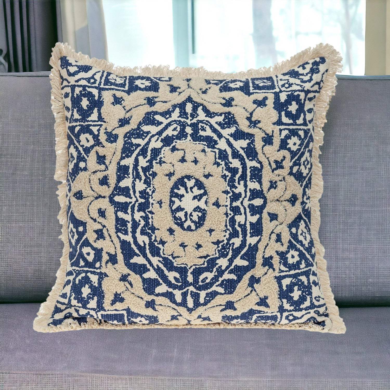 Boho Garland Beige and Navy Blue Decorative Accent Pillow - Image 2