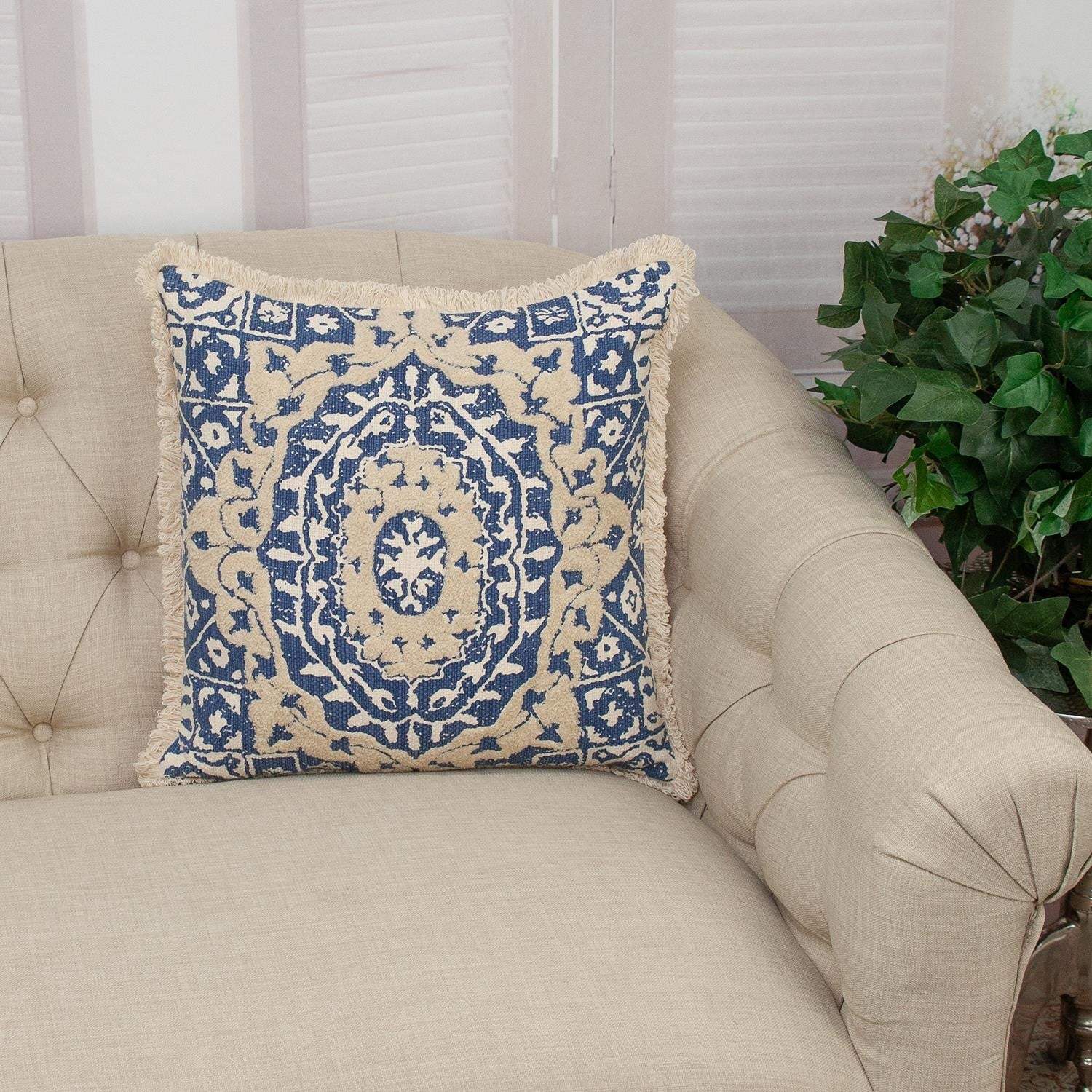 Boho Garland Beige and Navy Blue Decorative Accent Pillow - Image 7