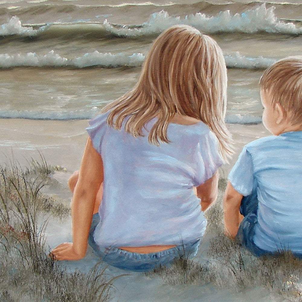 Boy and Girl Sitting in Dunes Brown Framed Print Wall Art - Image 3