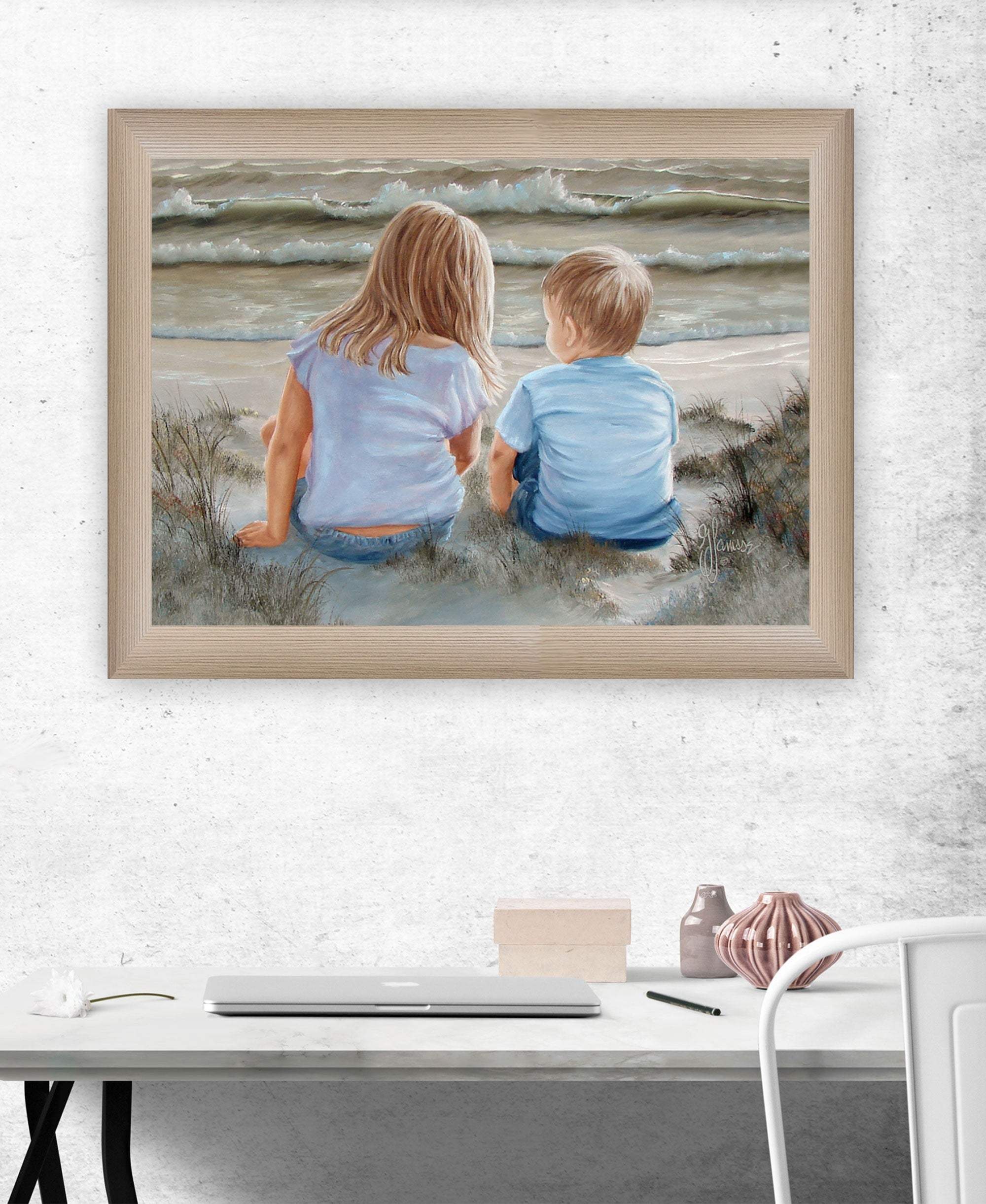 Boy and Girl Sitting in Dunes Brown Framed Print Wall Art - Image 4