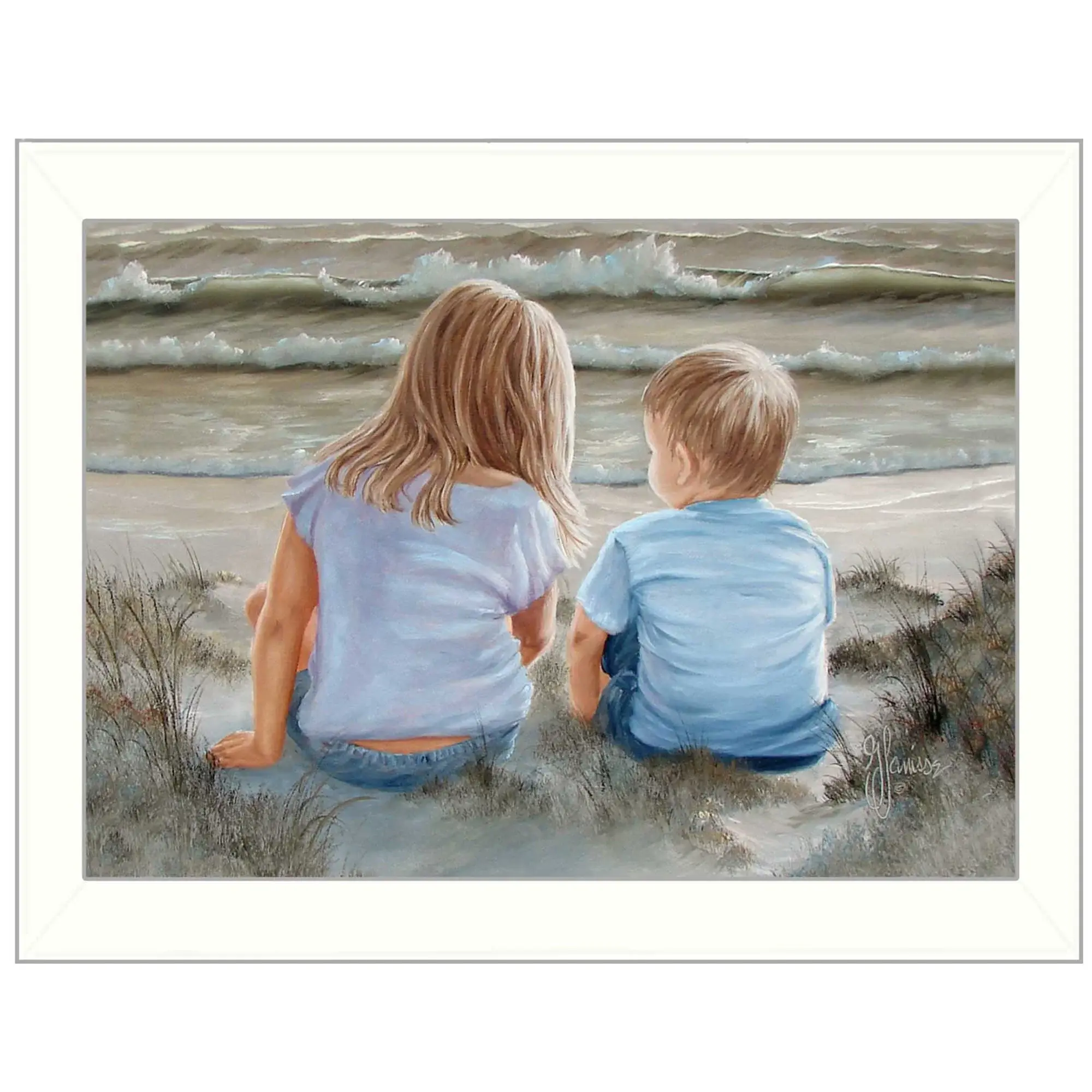 Boy and Girl Sitting White Framed Print Wall Art - Image 2