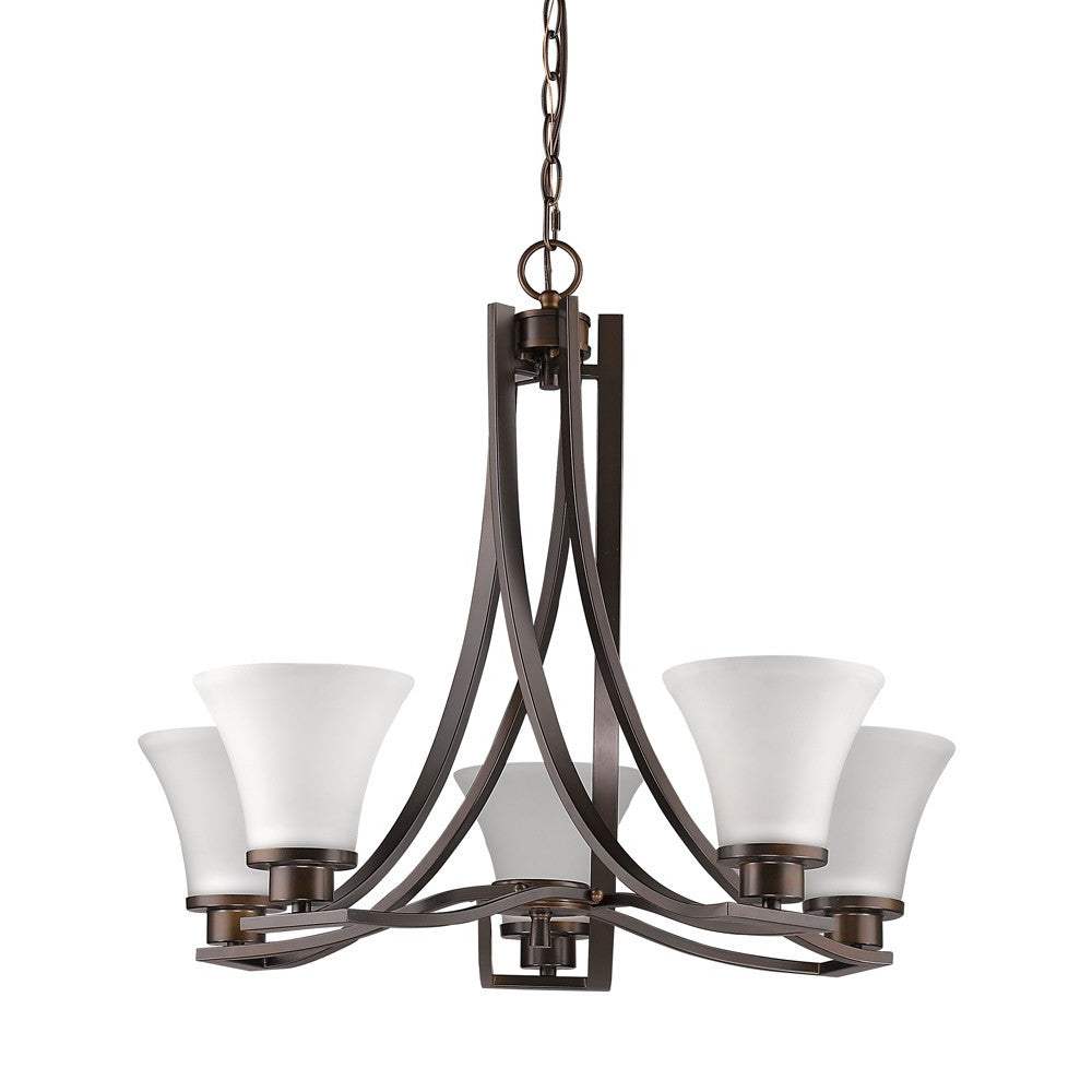 Bronze Candle Style Five Light Frosted Metal Dimmable Chandelier With White Shades - Image 3