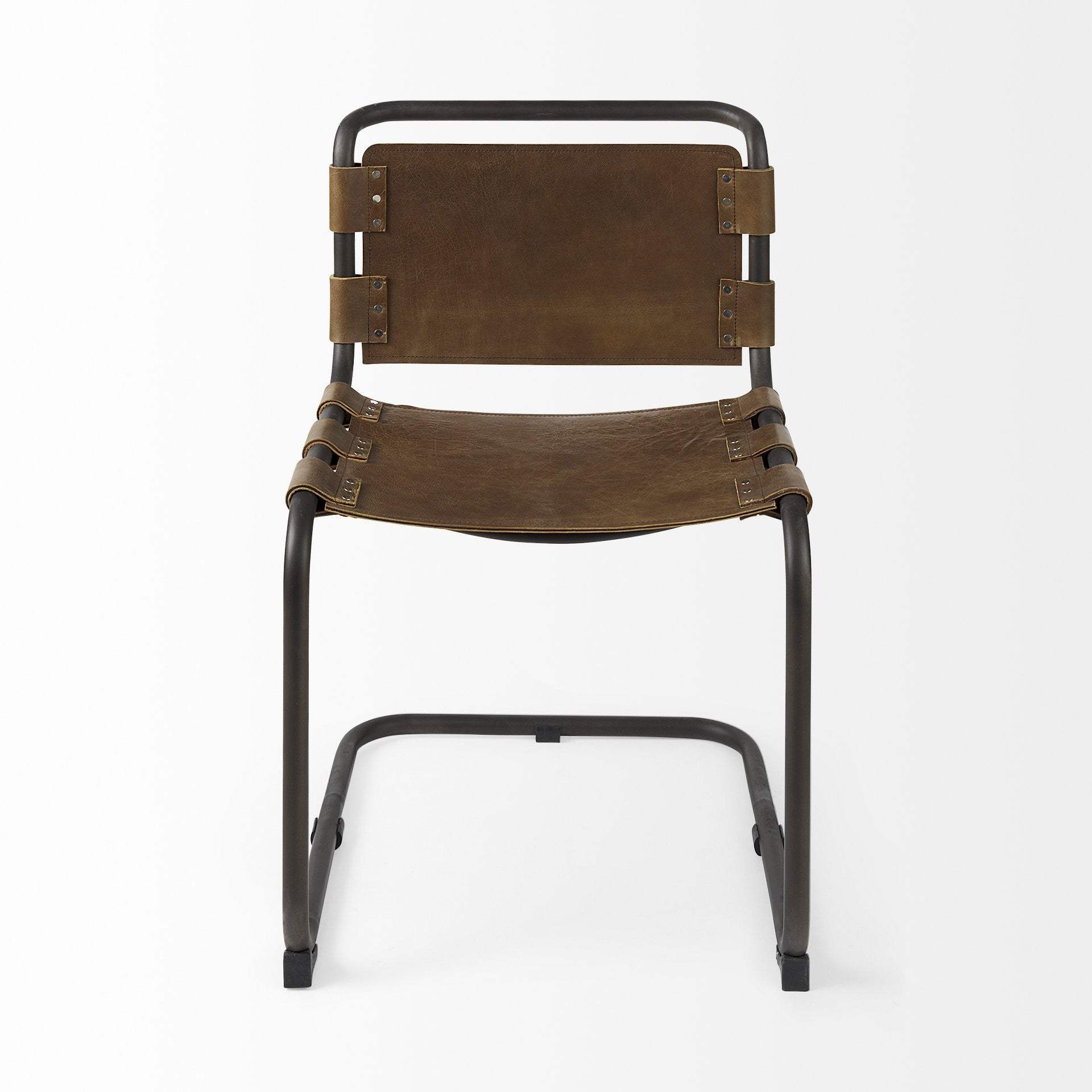 Brown And Black Leather Metal Open Back Dining Side Chair - Image 2