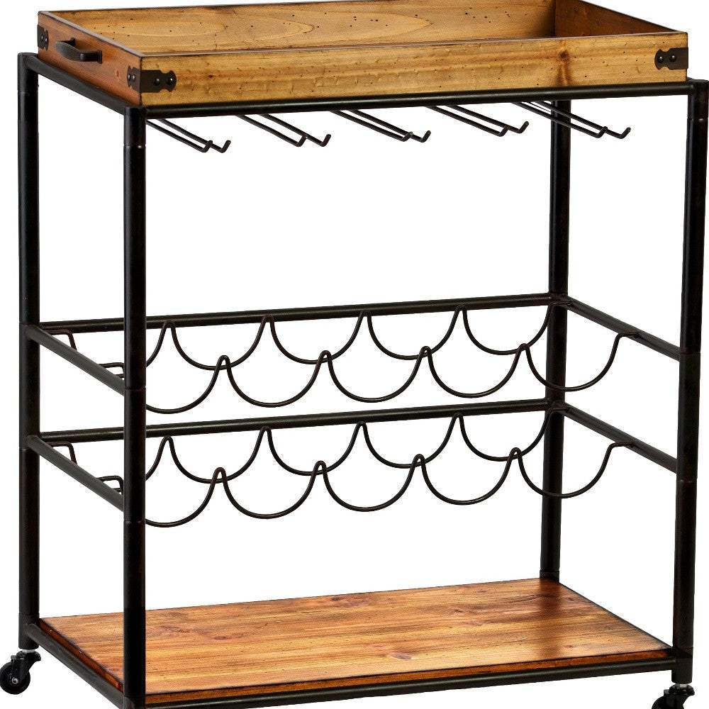 Brown and Black Metal And Solid Wood Rolling Bar Cart With Wine Storage - Image 5