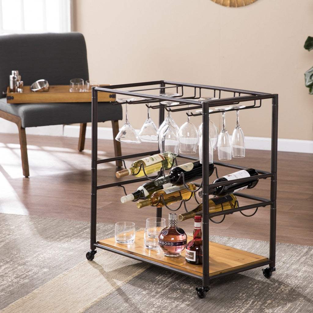 Brown and Black Metal And Solid Wood Rolling Bar Cart With Wine Storage - Image 6