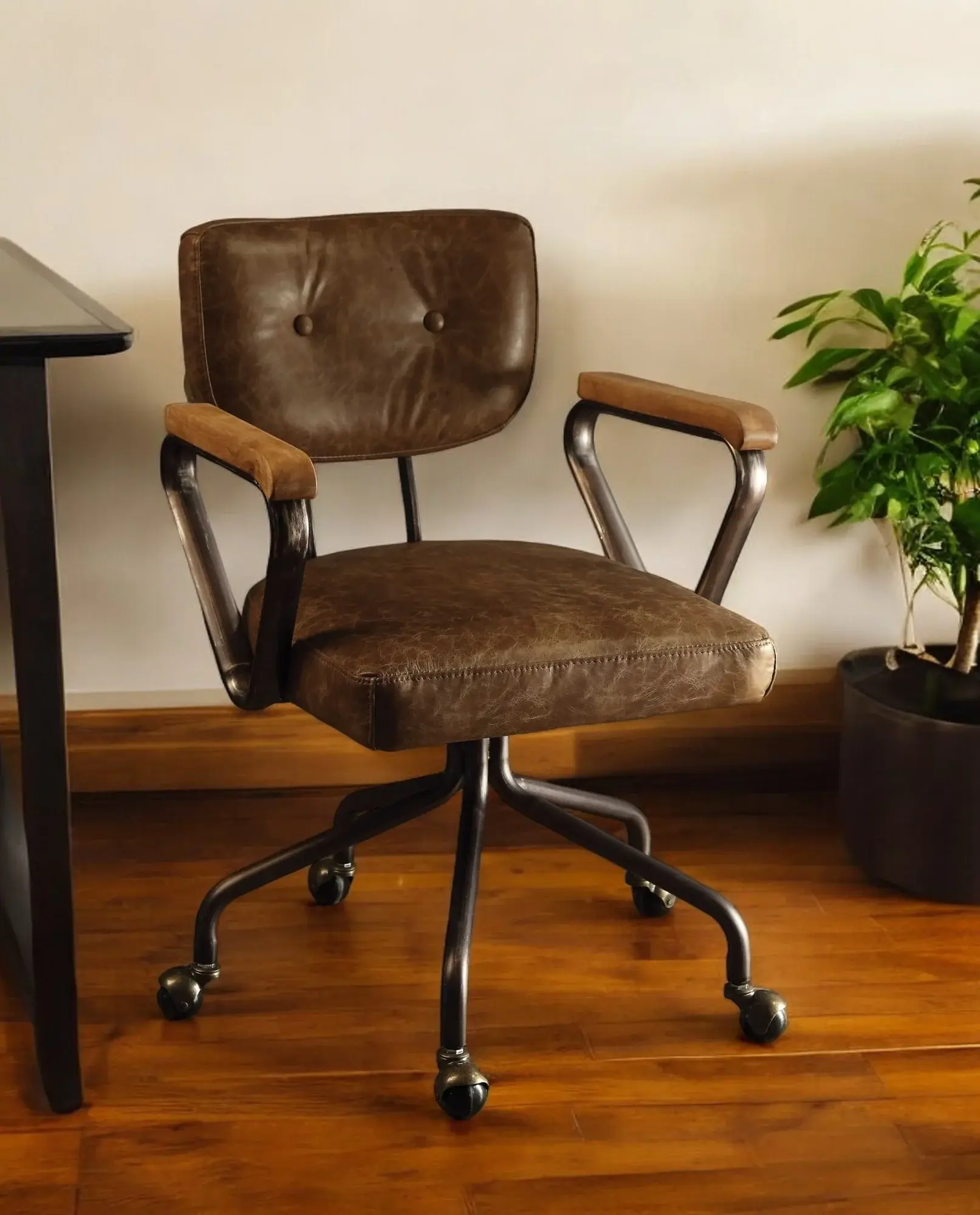 Brown and Black Swivel Faux Leather Rolling Office Chair - Image 2