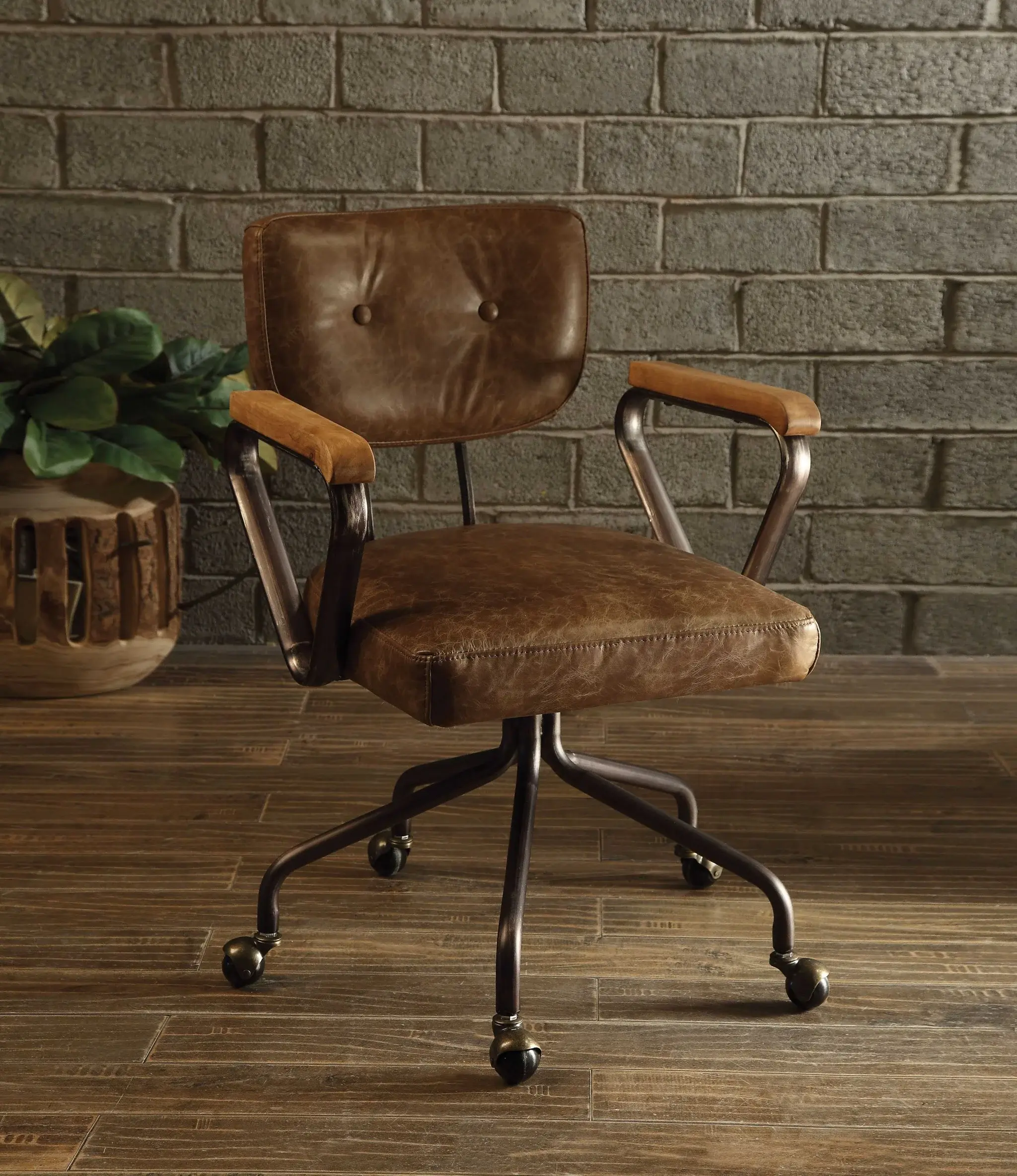 Brown and Black Swivel Faux Leather Rolling Office Chair - Image 5