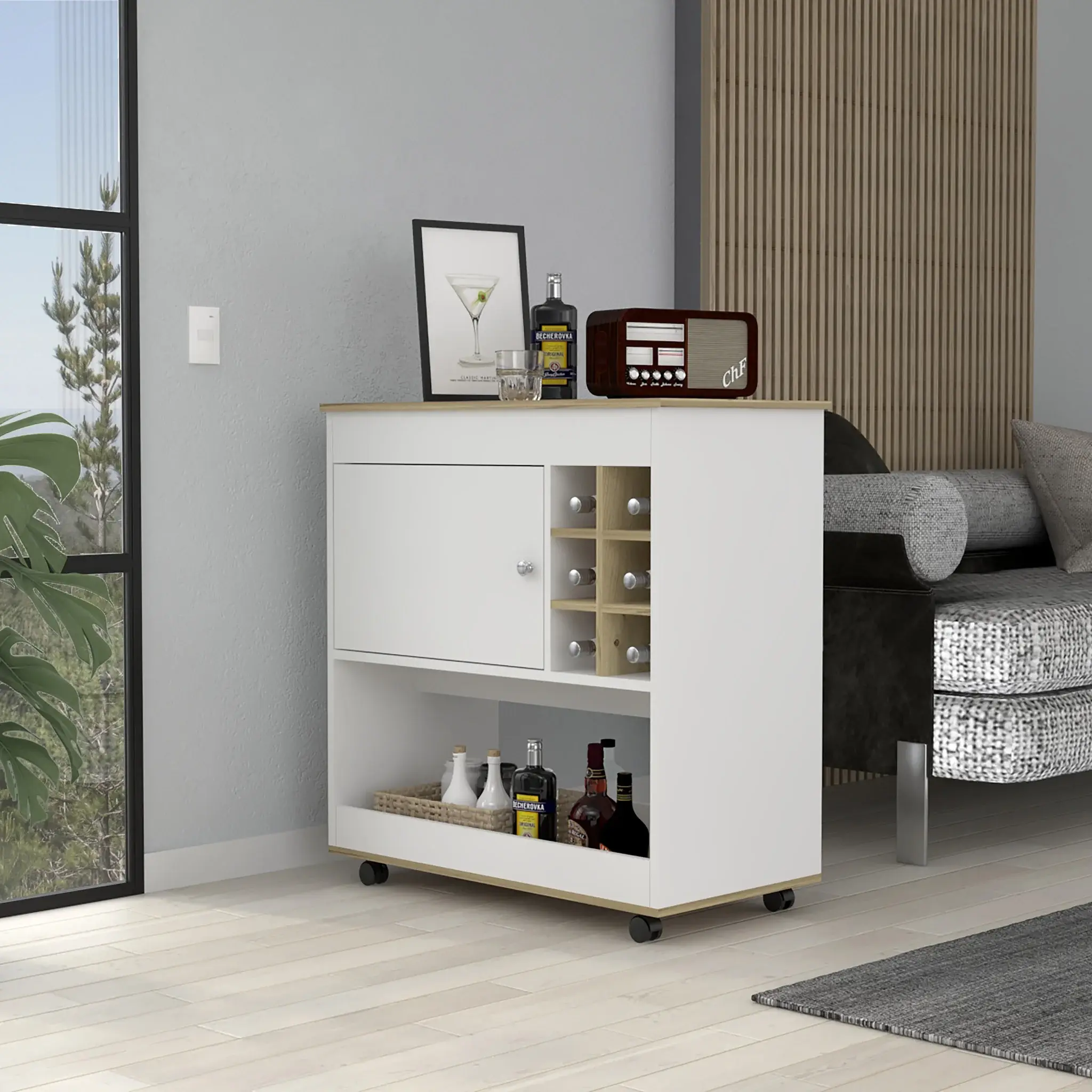 Brown and White Rolling Bar Cart With Wine Storage - Image 3