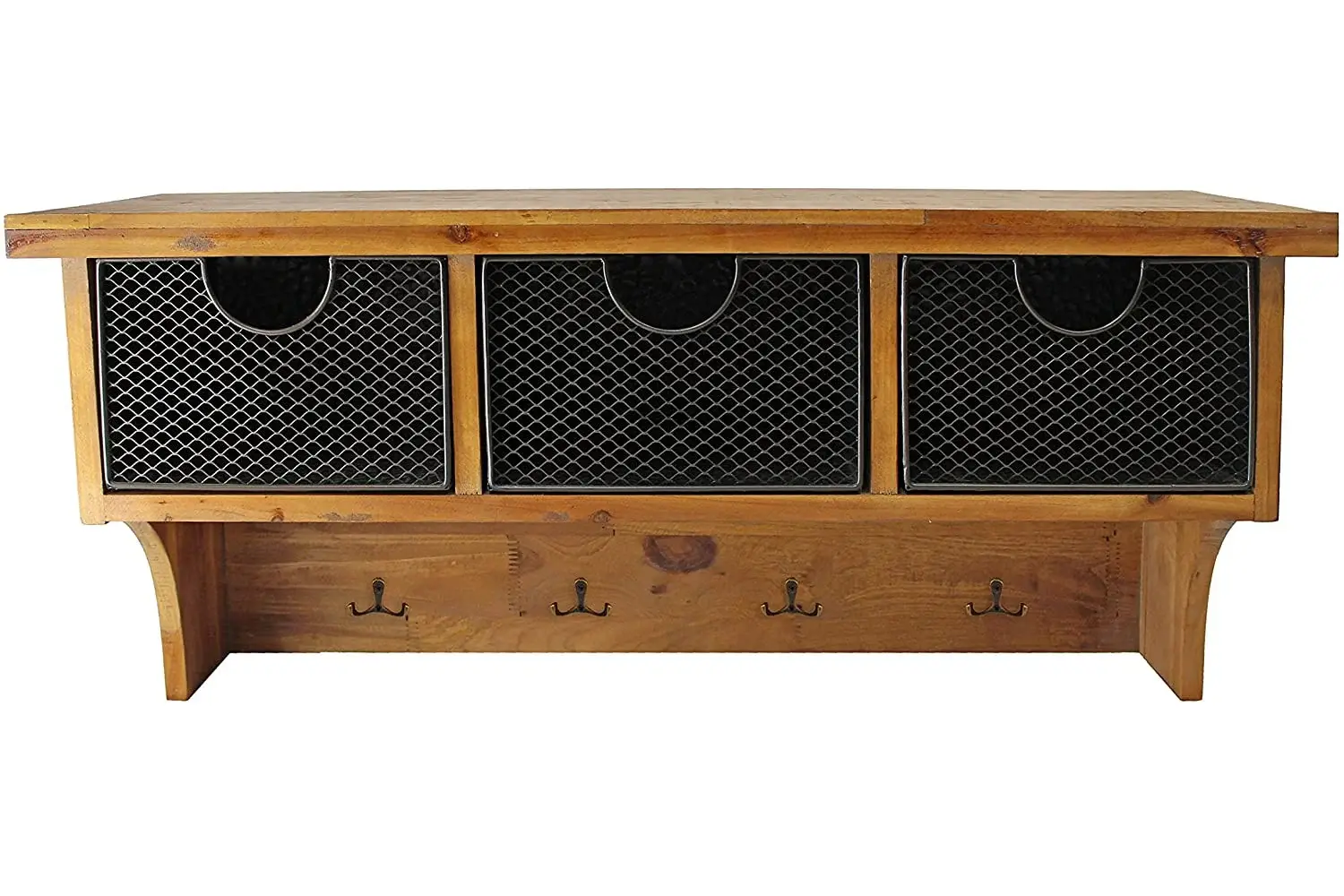 Brown Rustic Wooden Wall Shelf With 3 Drawers And Hooks - Image 2