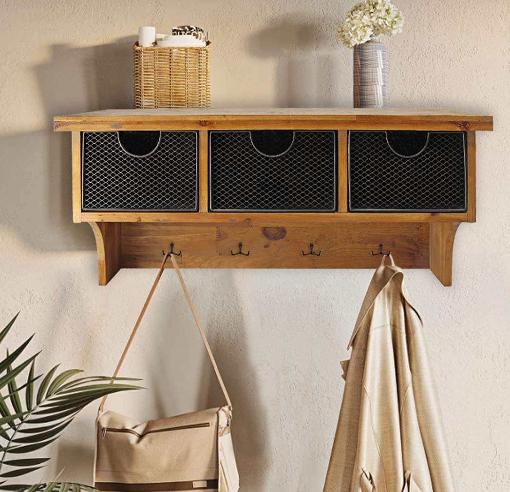 Brown Rustic Wooden Wall Shelf With 3 Drawers And Hooks - Image 6
