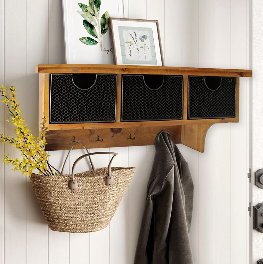 Brown Rustic Wooden Wall Shelf With 3 Drawers And Hooks - Image 7
