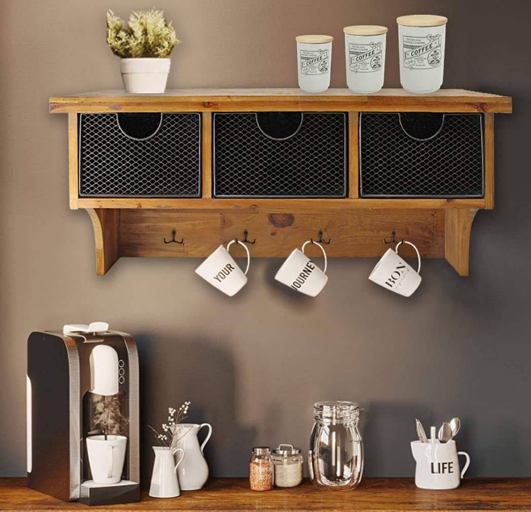 Brown Rustic Wooden Wall Shelf With 3 Drawers And Hooks - Image 8