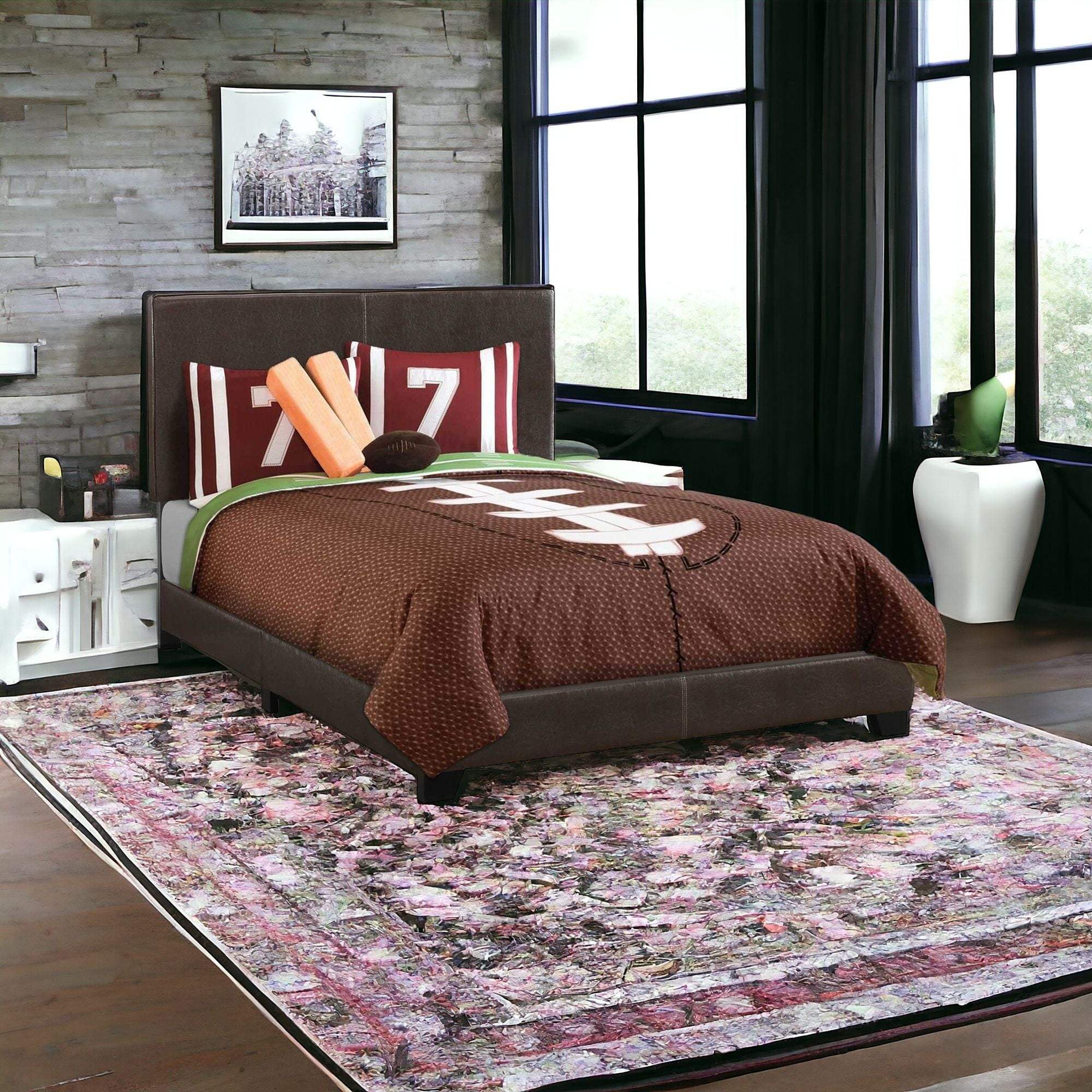 Brown Solid and Manufactured Wood Full Upholstered Faux Leather Bed Frame - Image 2