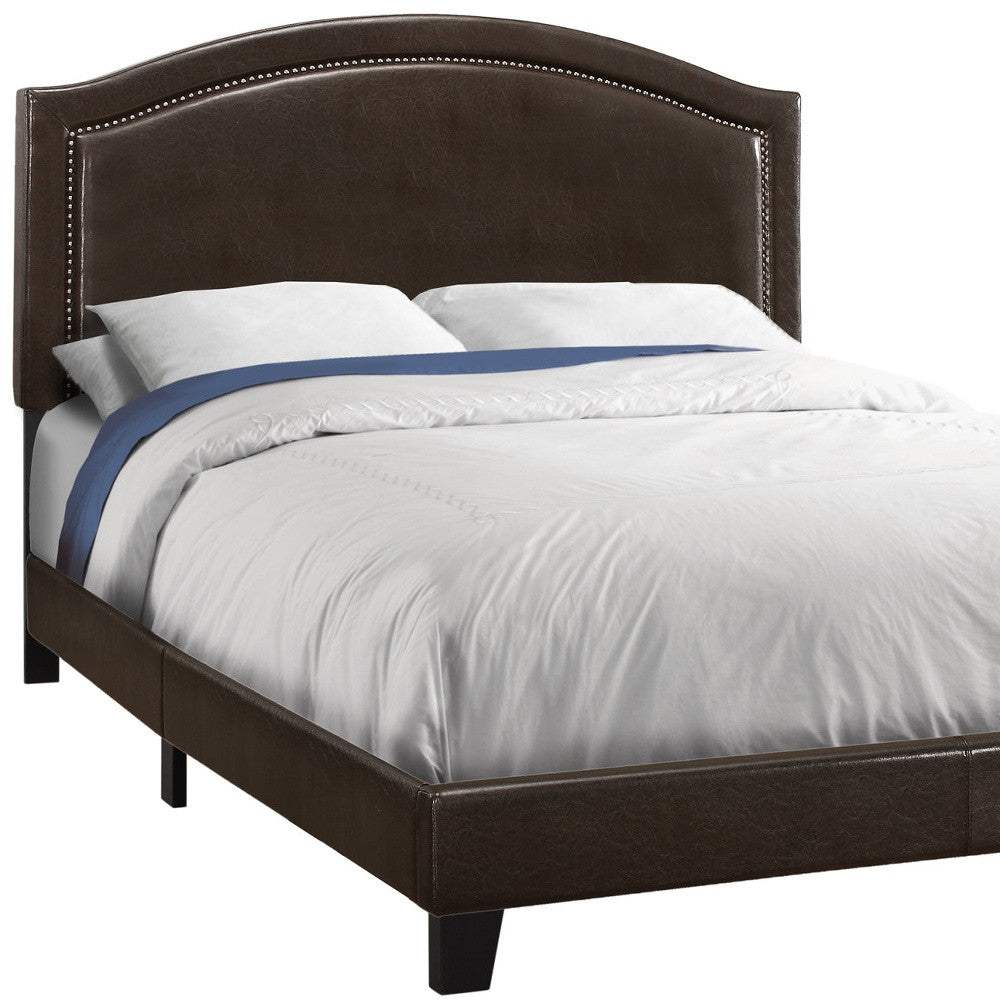 Brown Solid Wood Queen Upholstered Linen Bed Frame with Nailhead Trim - Image 2