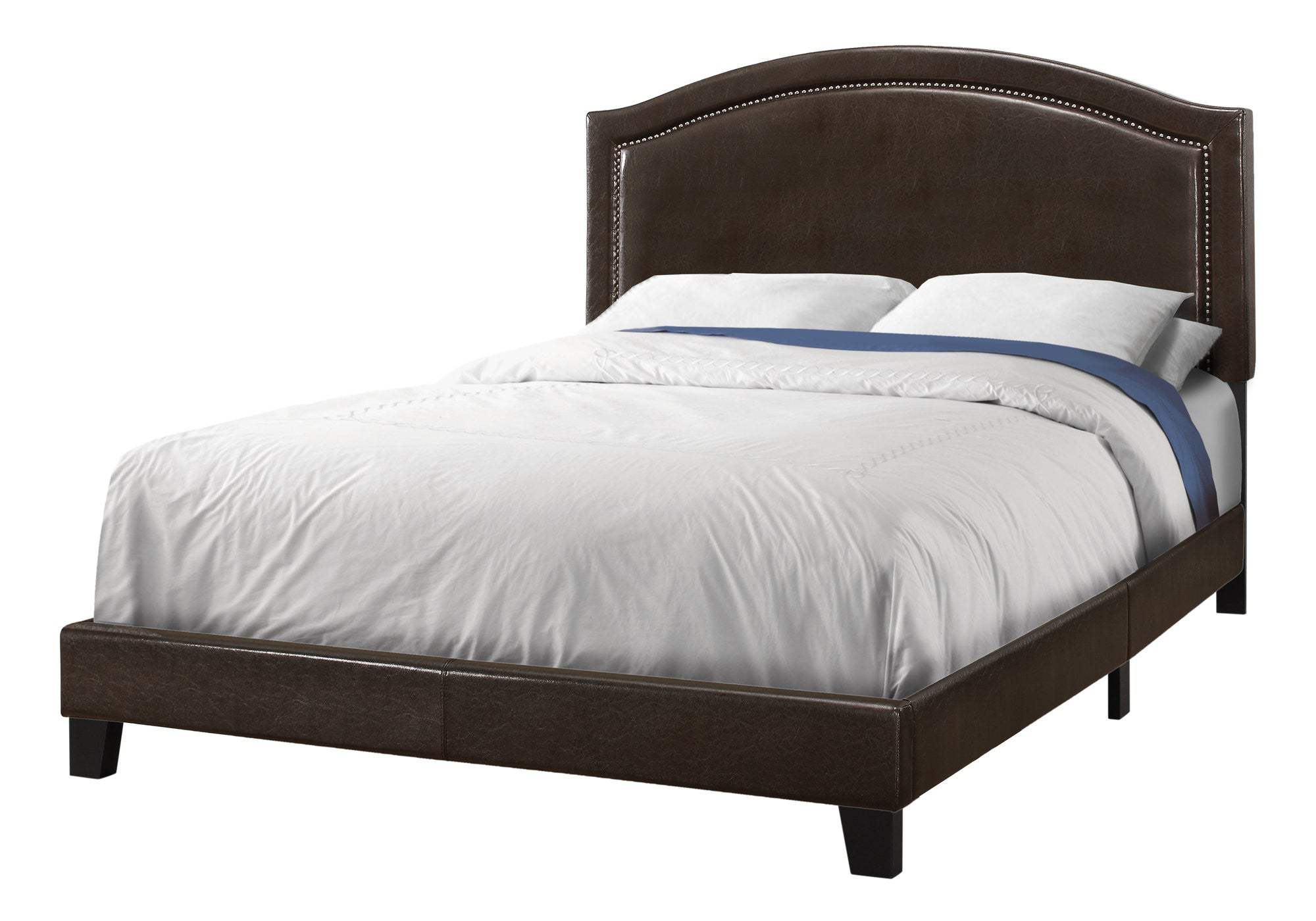 Brown Solid Wood Queen Upholstered Linen Bed Frame with Nailhead Trim - Image 3