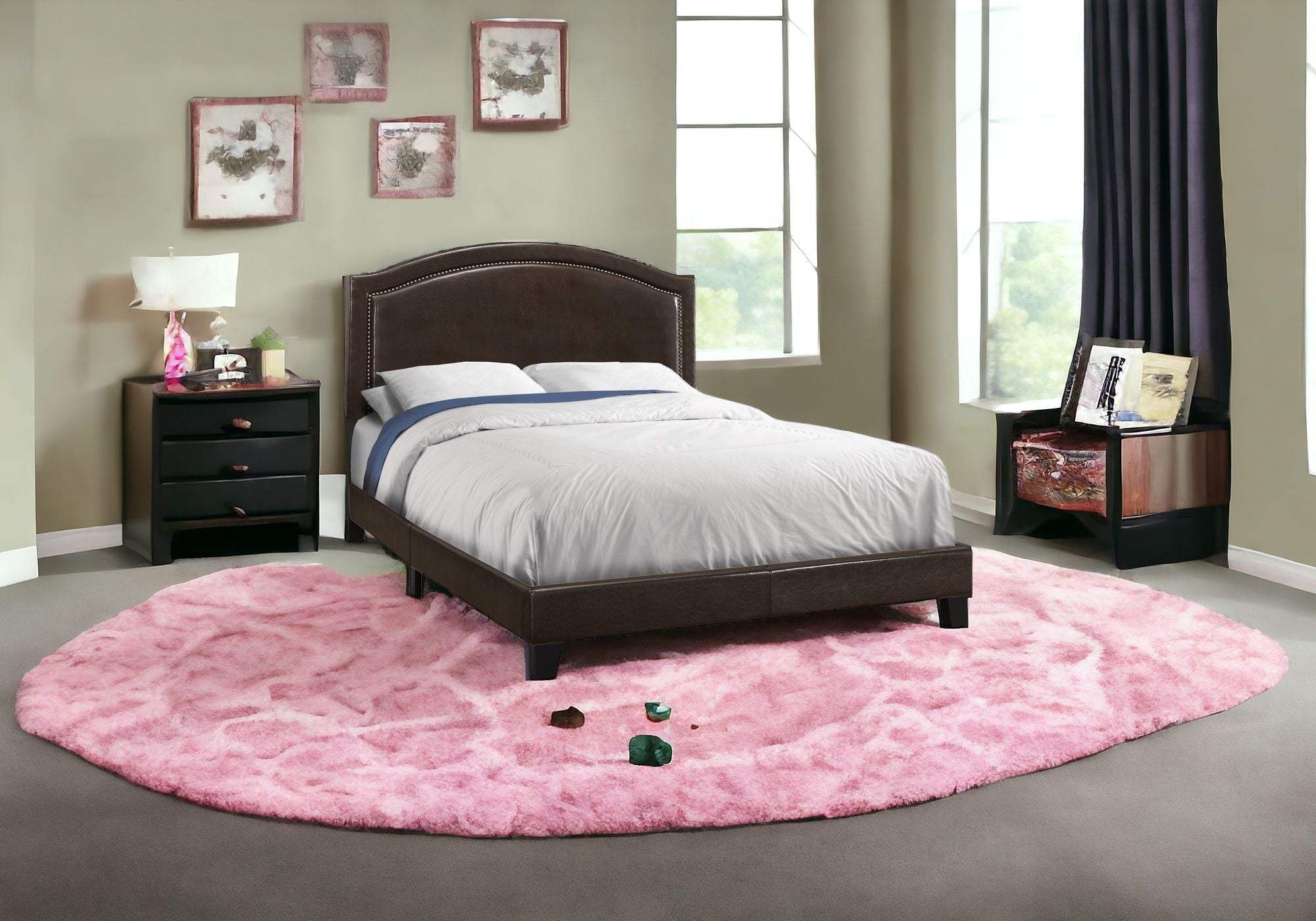 Brown Solid Wood Queen Upholstered Linen Bed Frame with Nailhead Trim - Image 7