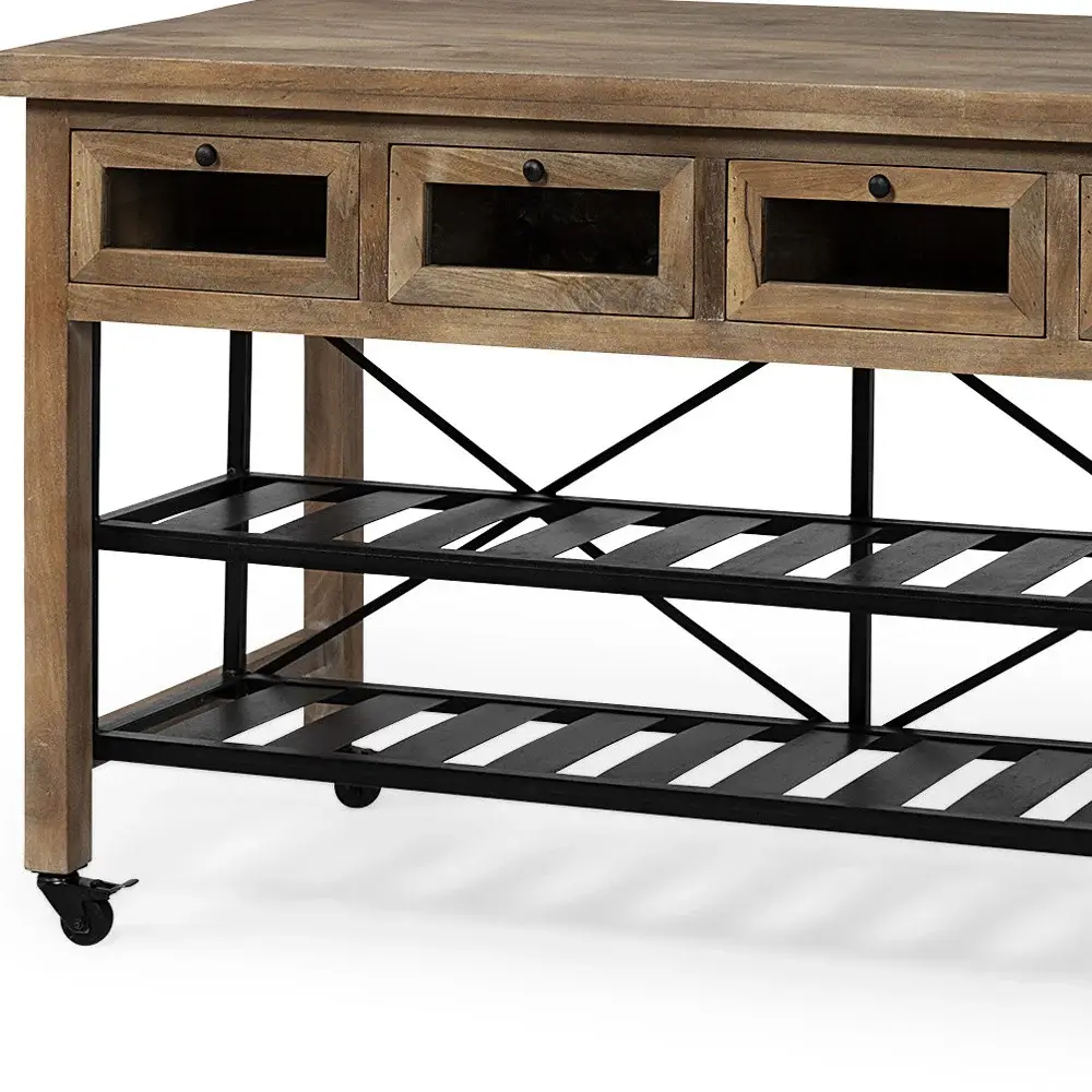 Brown Solid Wood Top Kitchen Island With Two Tier Black Metal Rolling - Image 8