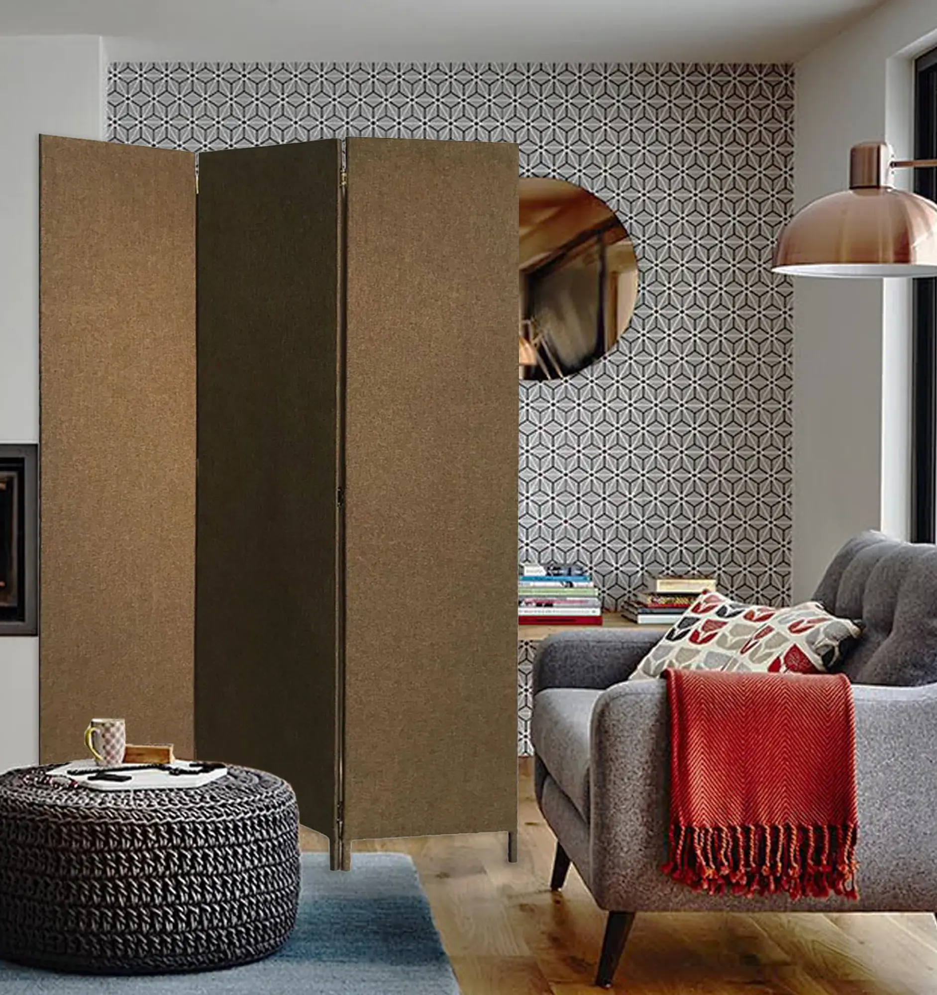 Brown Upholstered 3 Panel Room Divider Screen - Image 4