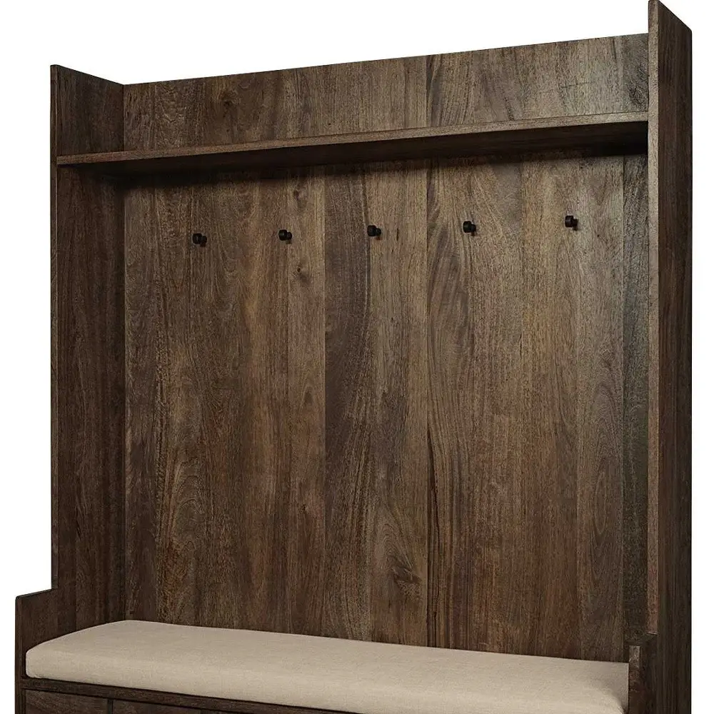 Brown Wood Cream Fabric Wrapped Seat Hall Tree With Storage - Image 7