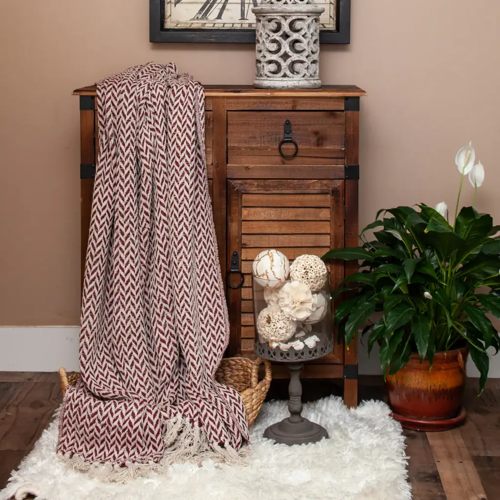 Burgundy Handloom Herringbone Weave with Tassels - Image 6