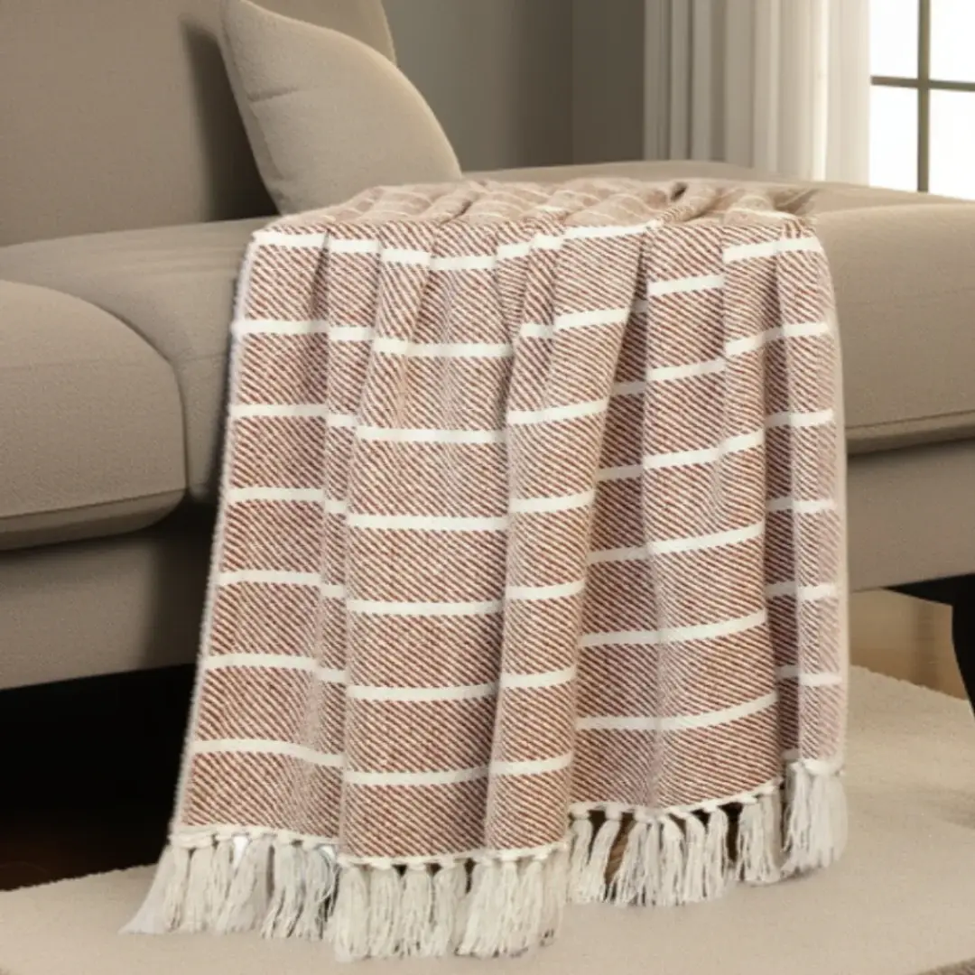 Burnt Orange Woven Cotton Striped Throw Blanket - Image 2