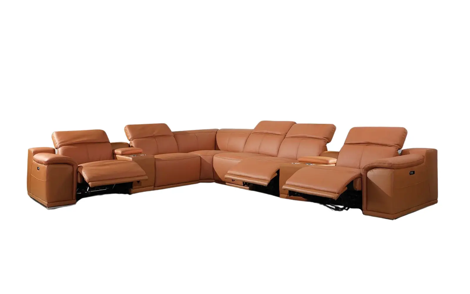 Camel Italian Leather Power Reclining U Shaped Eight Piece Corner Sectional With Console - Image 4