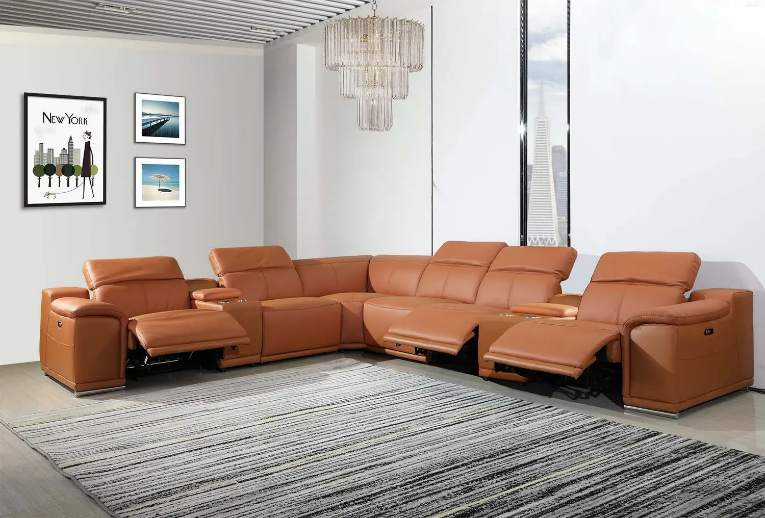 Camel Italian Leather Power Reclining U Shaped Eight Piece Corner Sectional With Console - Image 8